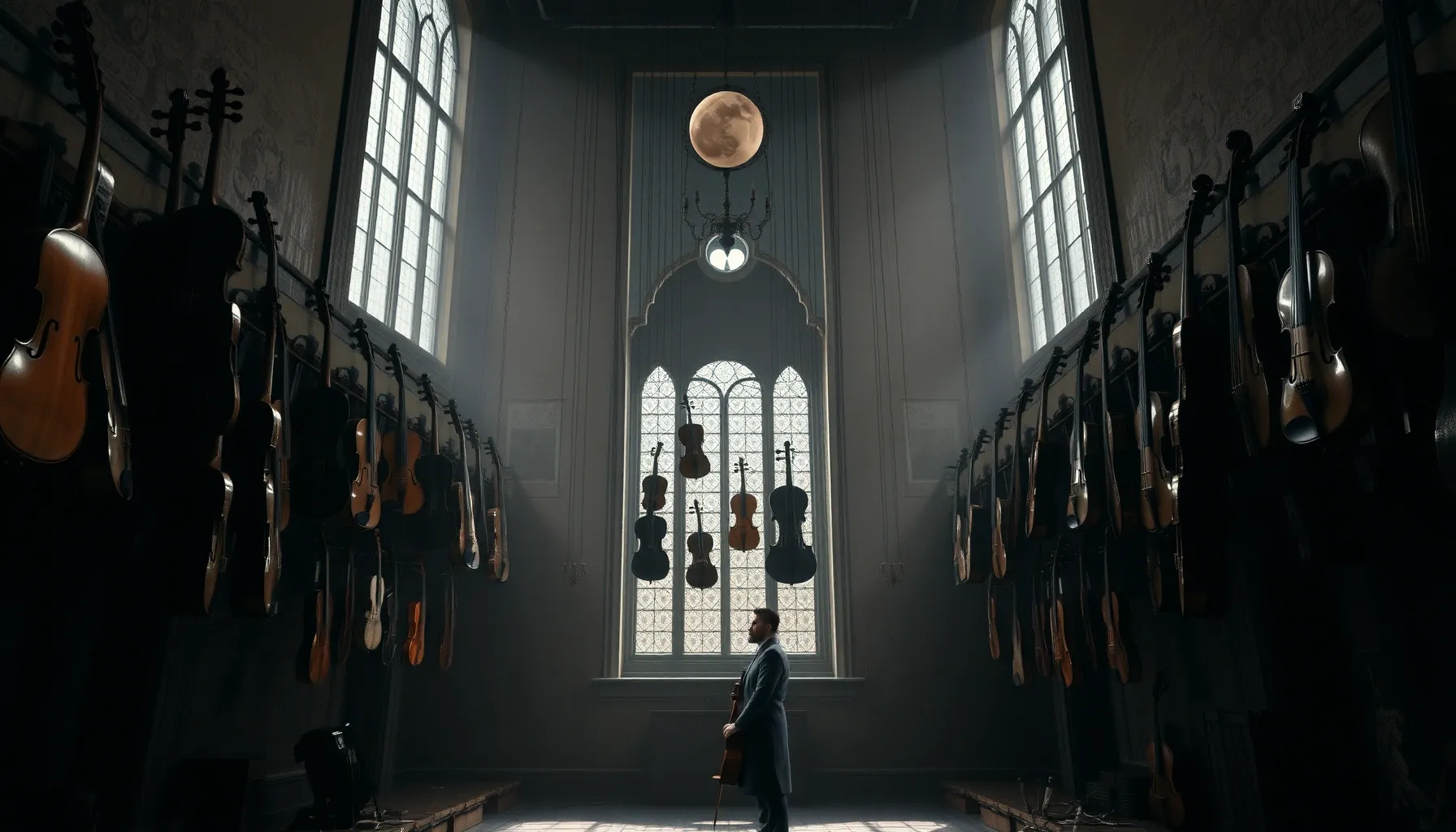 A lonely musician standing in a hall filled with many differ...