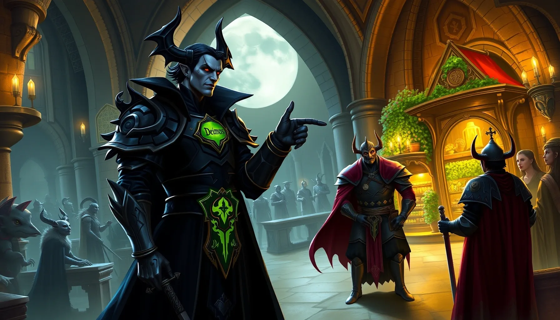 A charismatic vampire lord in dark armor with a glowing 'Dei...