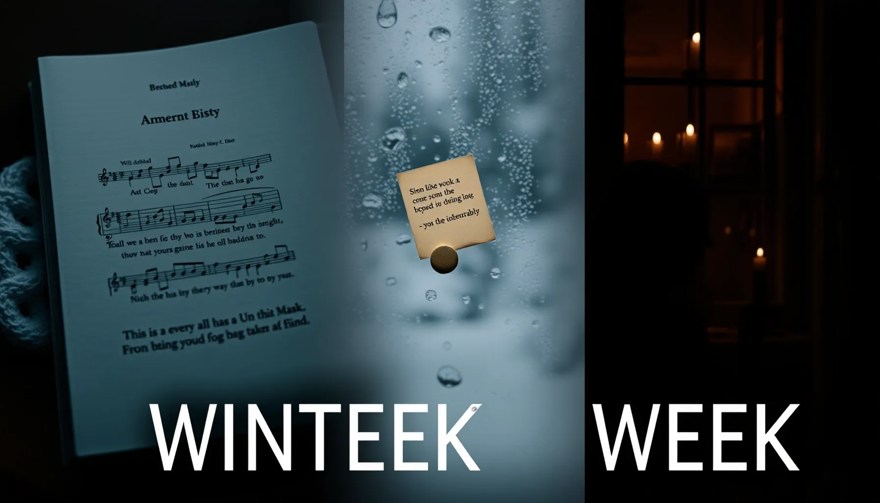 A romantic collage of a winter week: a book, a musical note,...