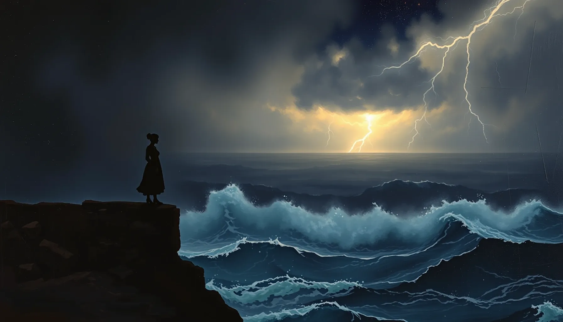 A lone romantic silhouette standing on a high cliff edge dur...