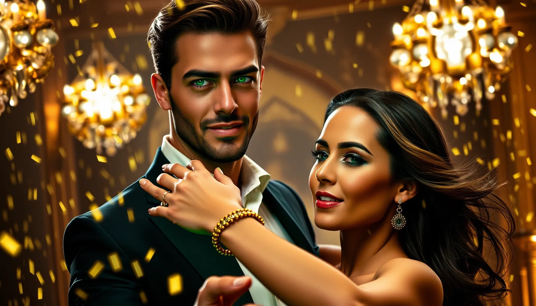 A charismatic man with glowing green eyes and a stylish woma...