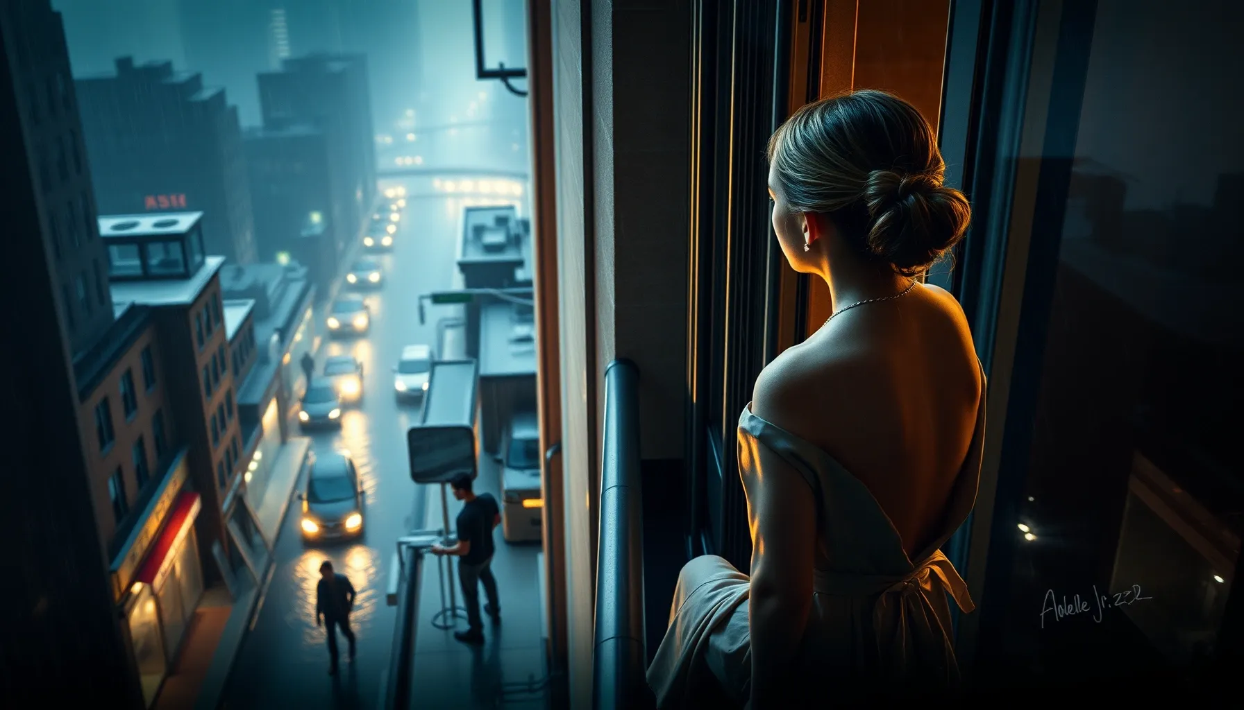 A wealthy girl in a silk dress looking out from a glass skys...