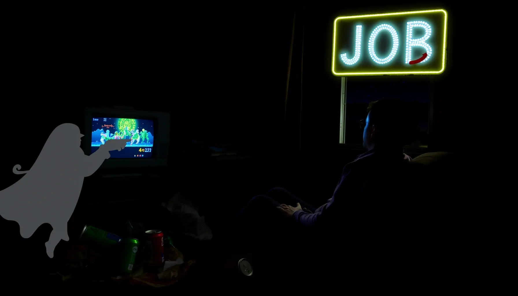 A tired man sitting in a dark room, illuminated only by a gl...