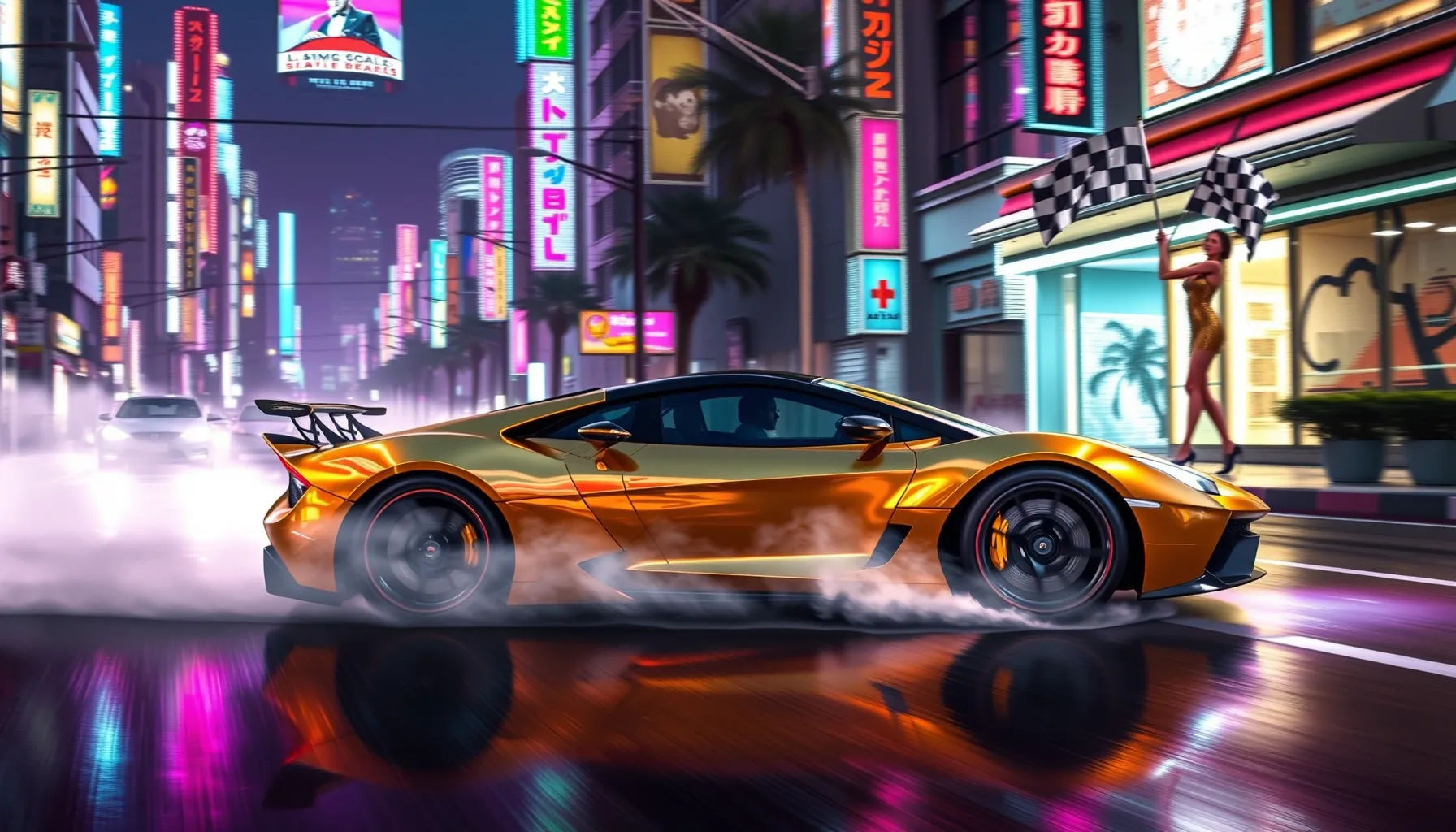 A sleek, gold-wrapped supercar drifting through a futuristic...
