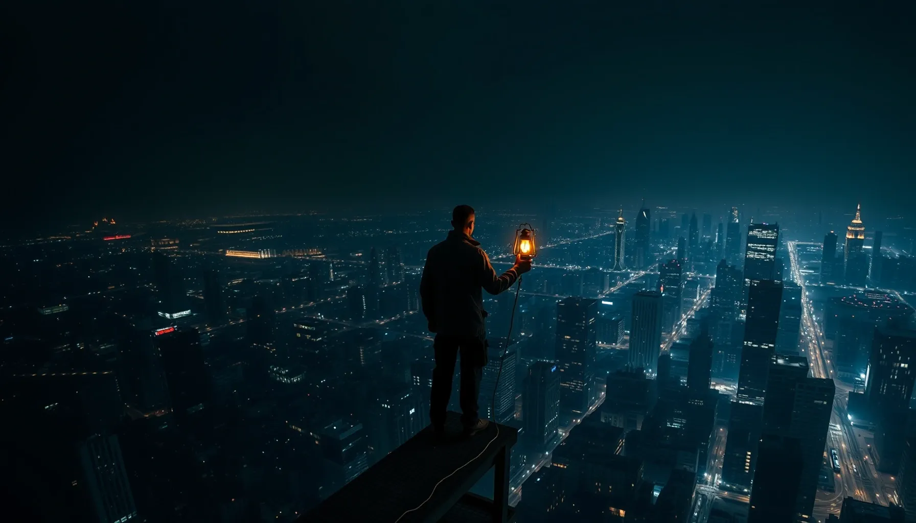 A lonely worker standing on a high scaffolding overlooking a...