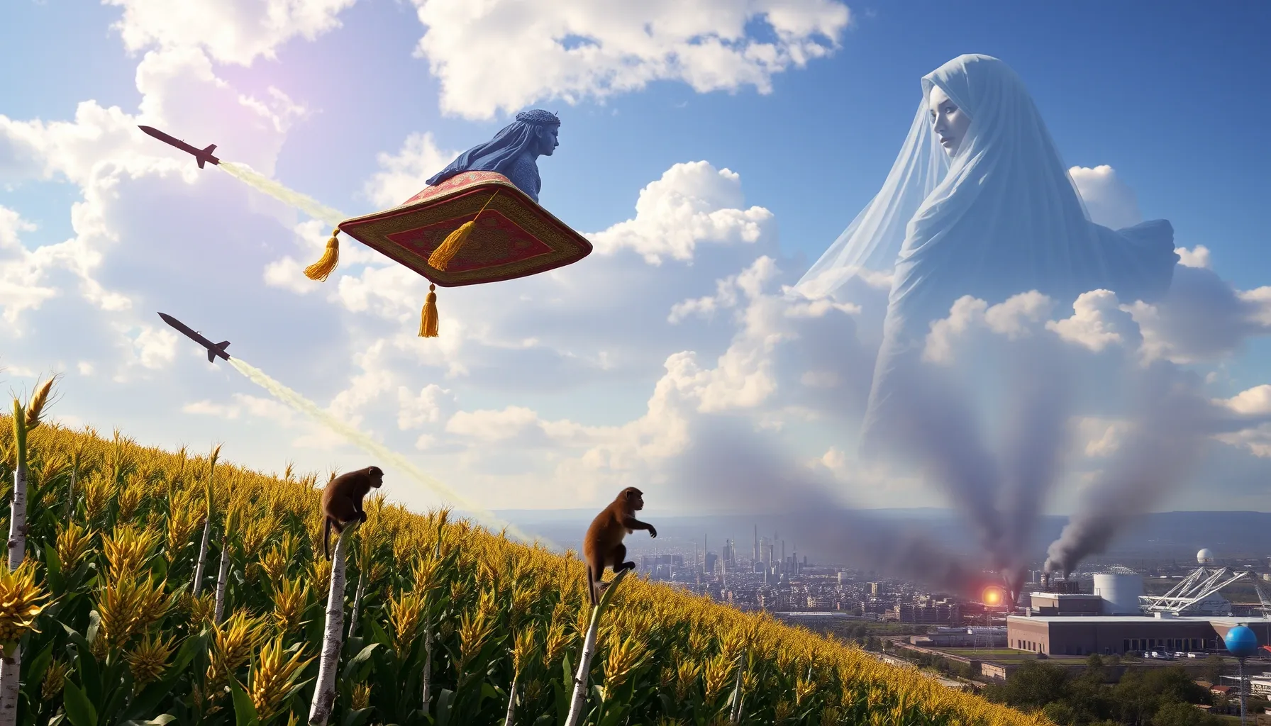 A surreal digital art piece featuring a magic carpet flying ...