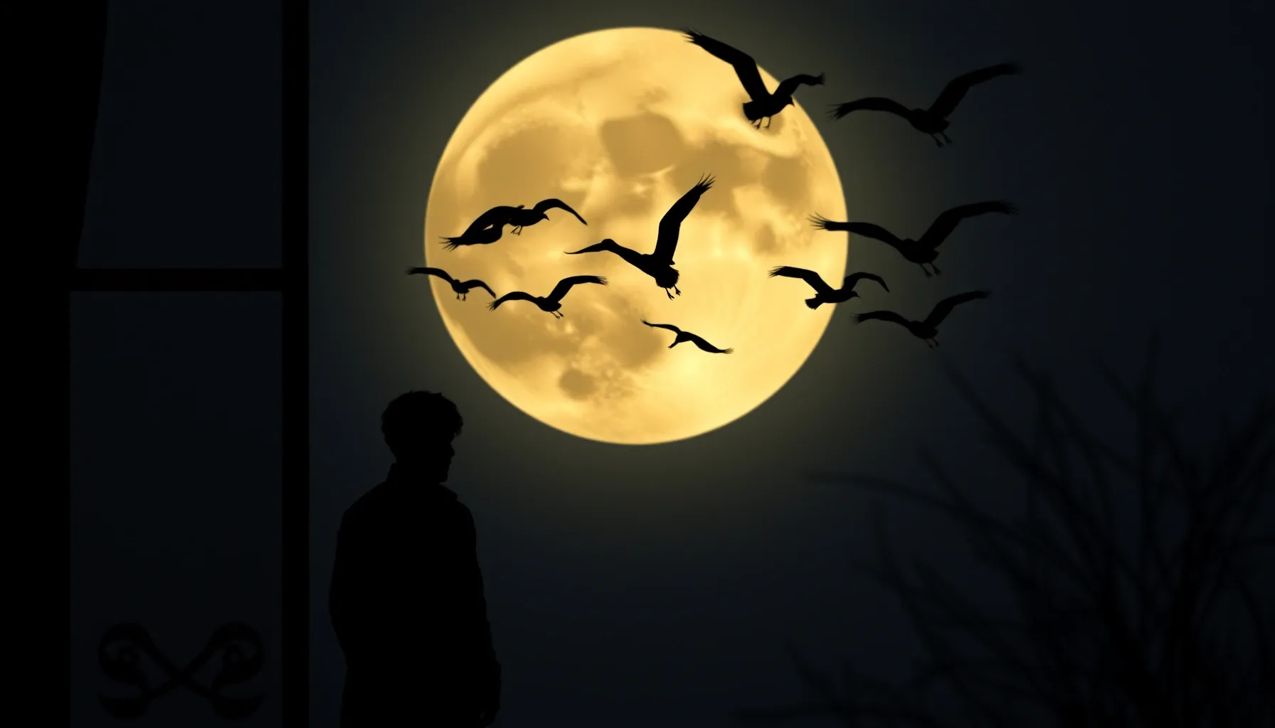 A lonely silhouette of a poet standing by a window at night,...