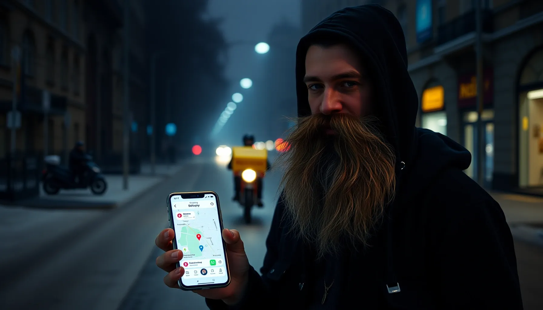 A modern Grigory Rasputin with a long beard wearing a trendy...