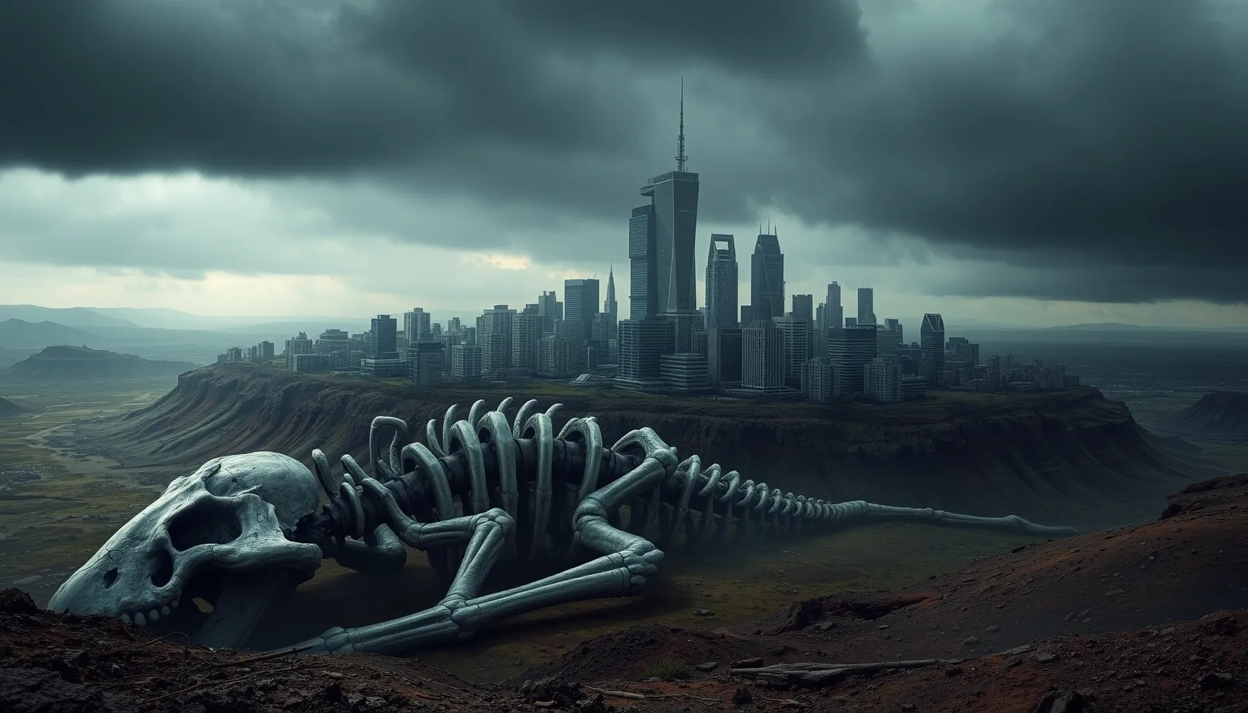 A surreal landscape where a modern city is built directly on...
