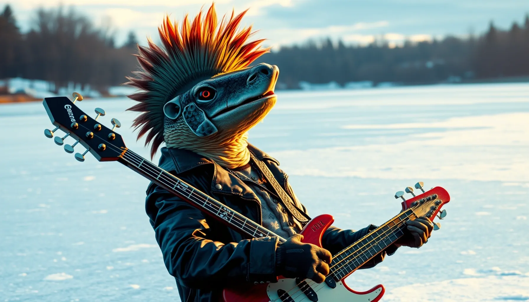 A punk rock locathah with a mohawk made of fish fins, wearin...