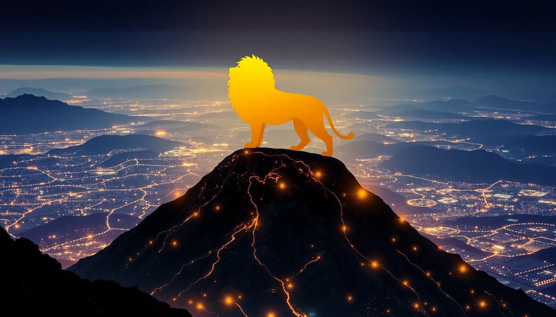 A golden lion silhouette standing on top of a digital mounta...
