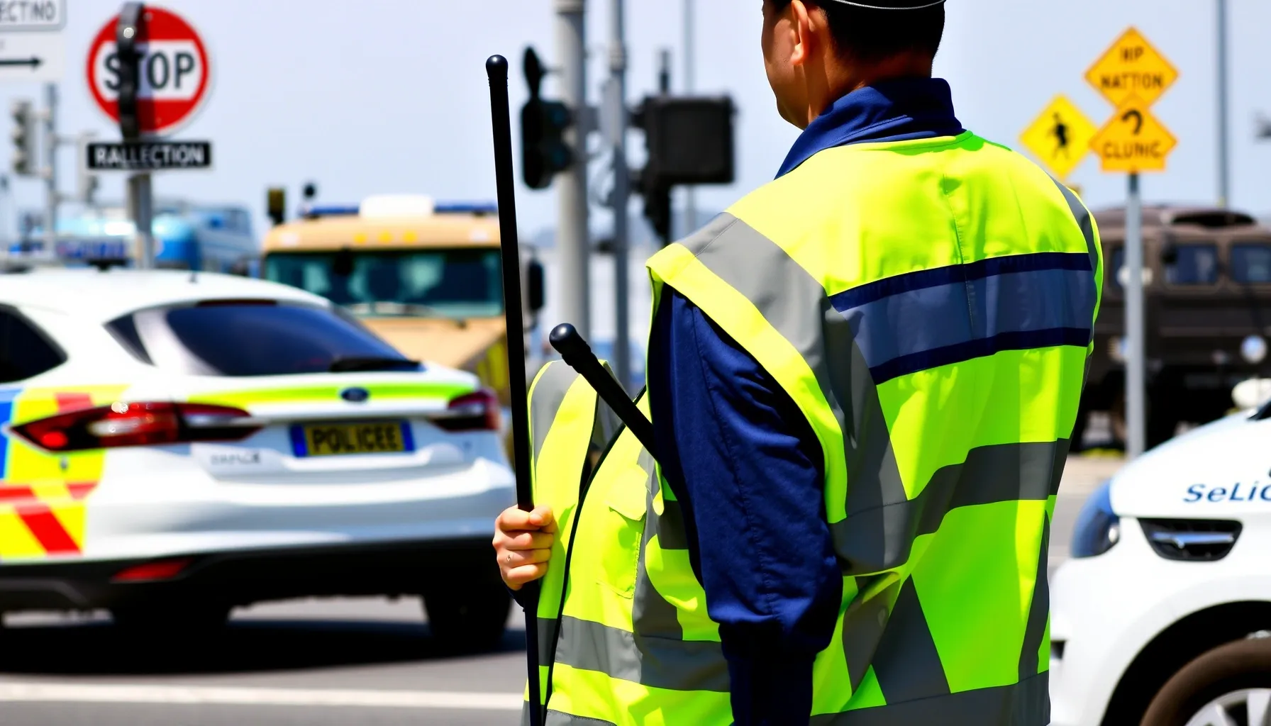 A professional traffic controller in a bright uniform with a...