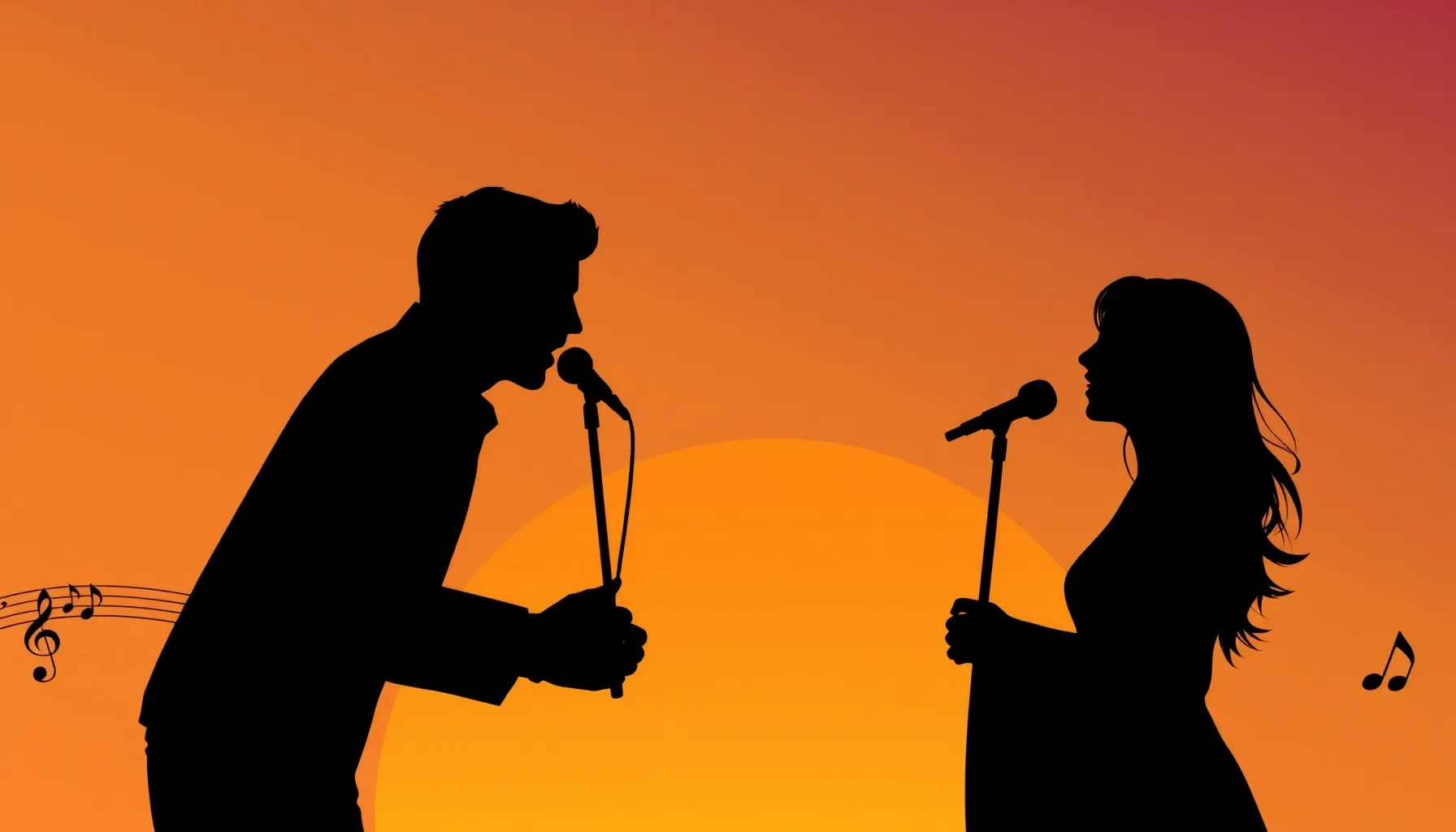 Minimalist silhouettes of a man and a woman singing, warm su...