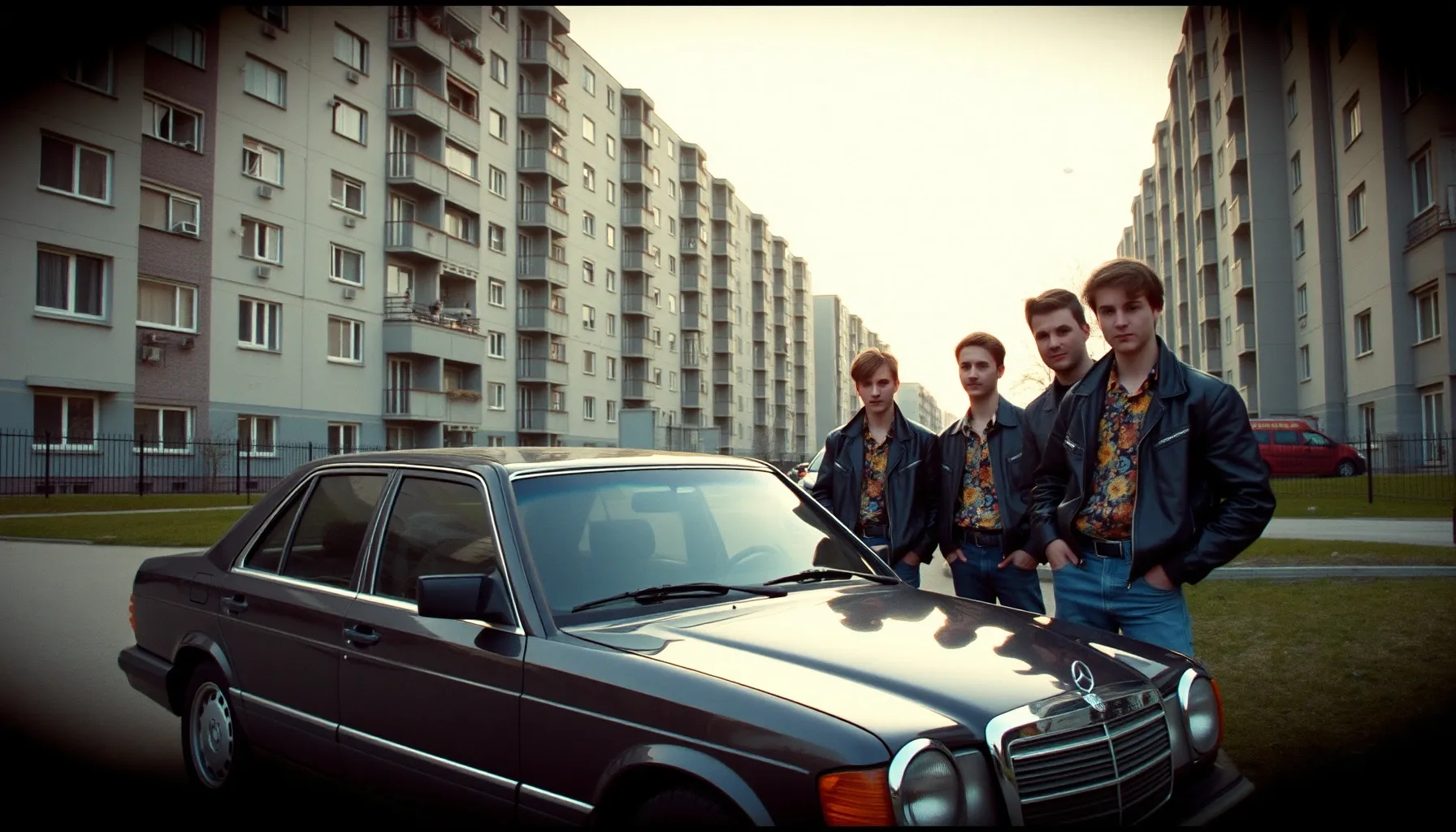 A nostalgic 1990s scene in a Polish town, a vintage black Me...