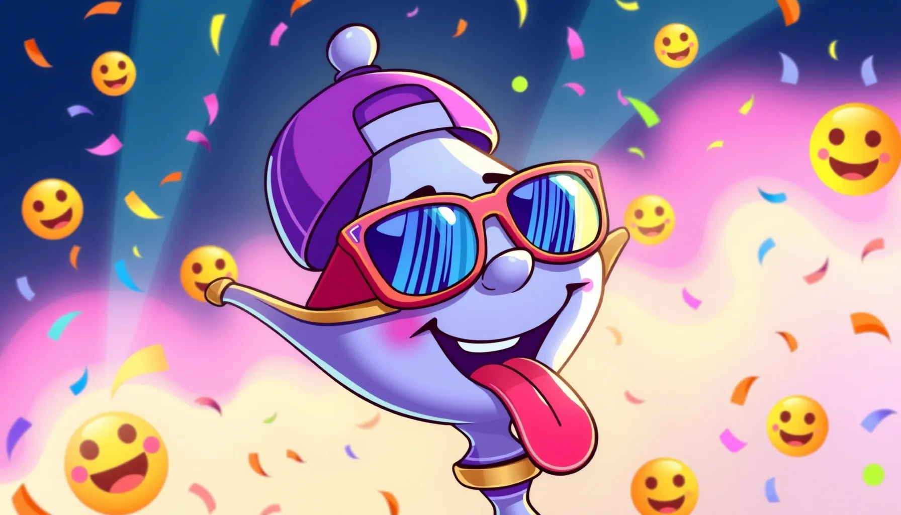 A colorful cartoonish magic lamp wearing oversized neon sung...