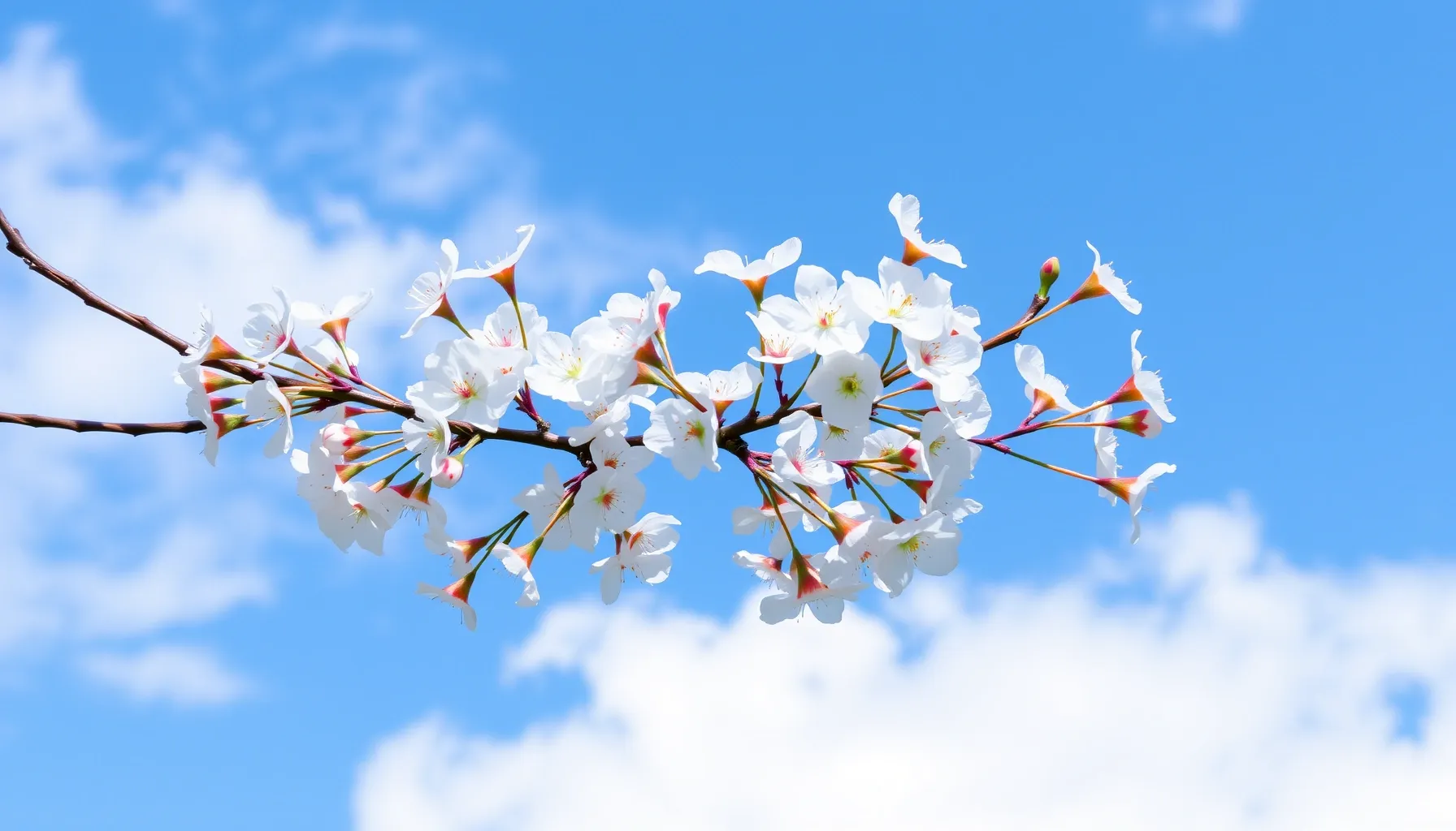 A branch of a cherry tree with white blossoms against a brig...