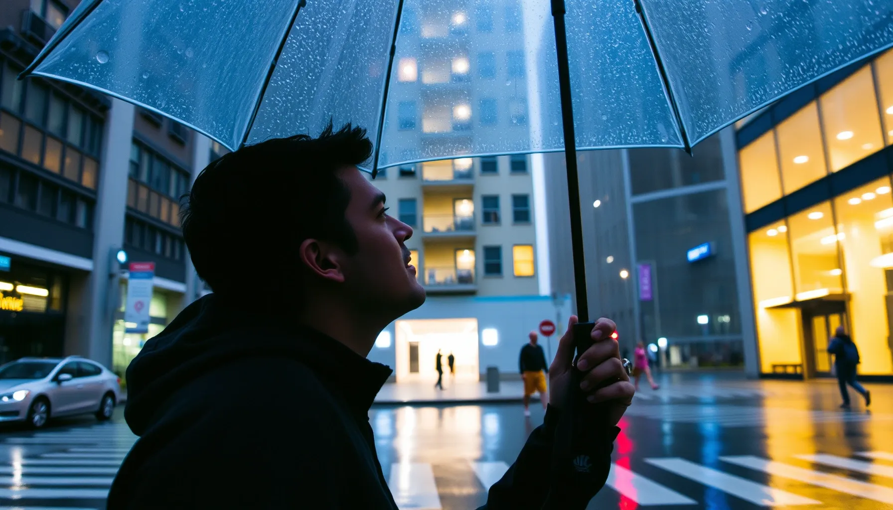 A man standing under an umbrella in a rainy city street, loo...