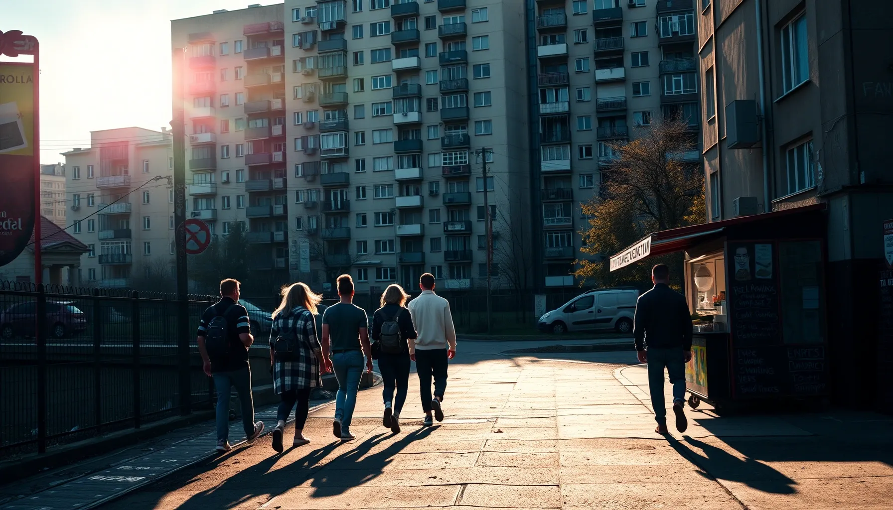 A gritty urban morning scene in a Polish town, socialist-era...