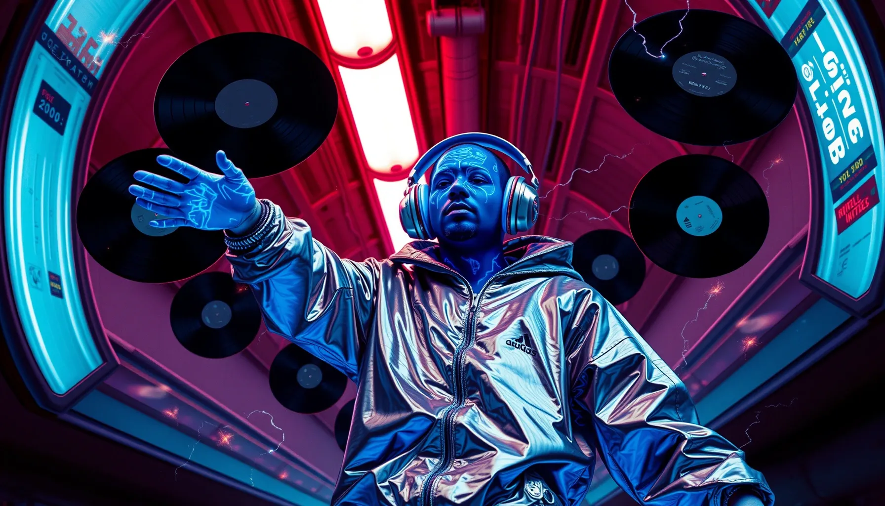 A futuristic genie with glowing blue patterns on his skin, w...