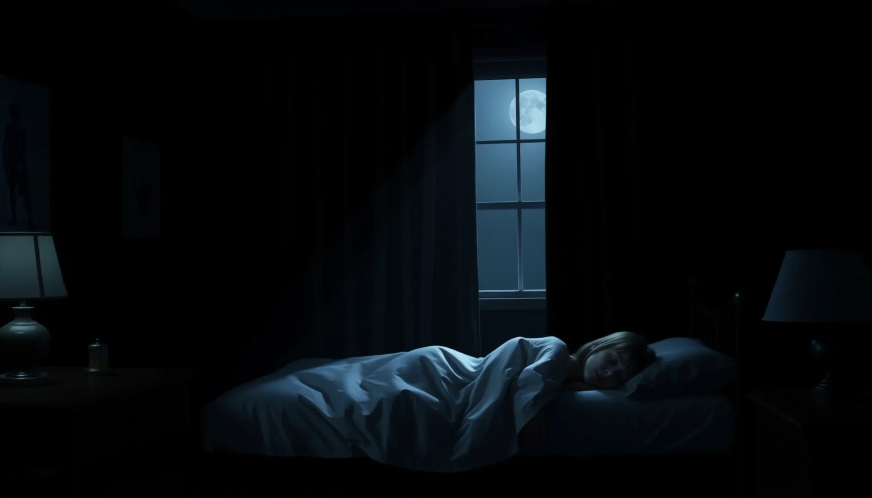 A dark bedroom where a girl is sleeping, but a tall, faceles...