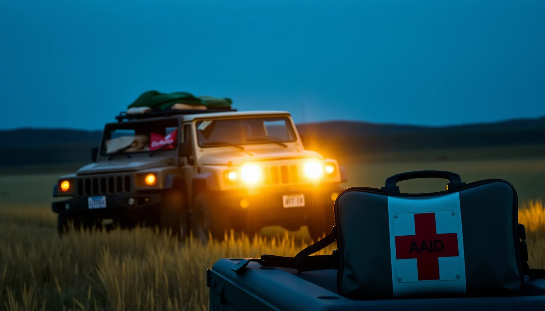 A sturdy off-road vehicle driving through a field carrying s...