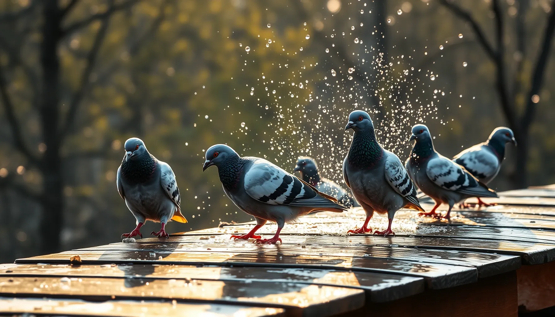 Pigeons bathing in sparkling water droplets on a wooden roof...