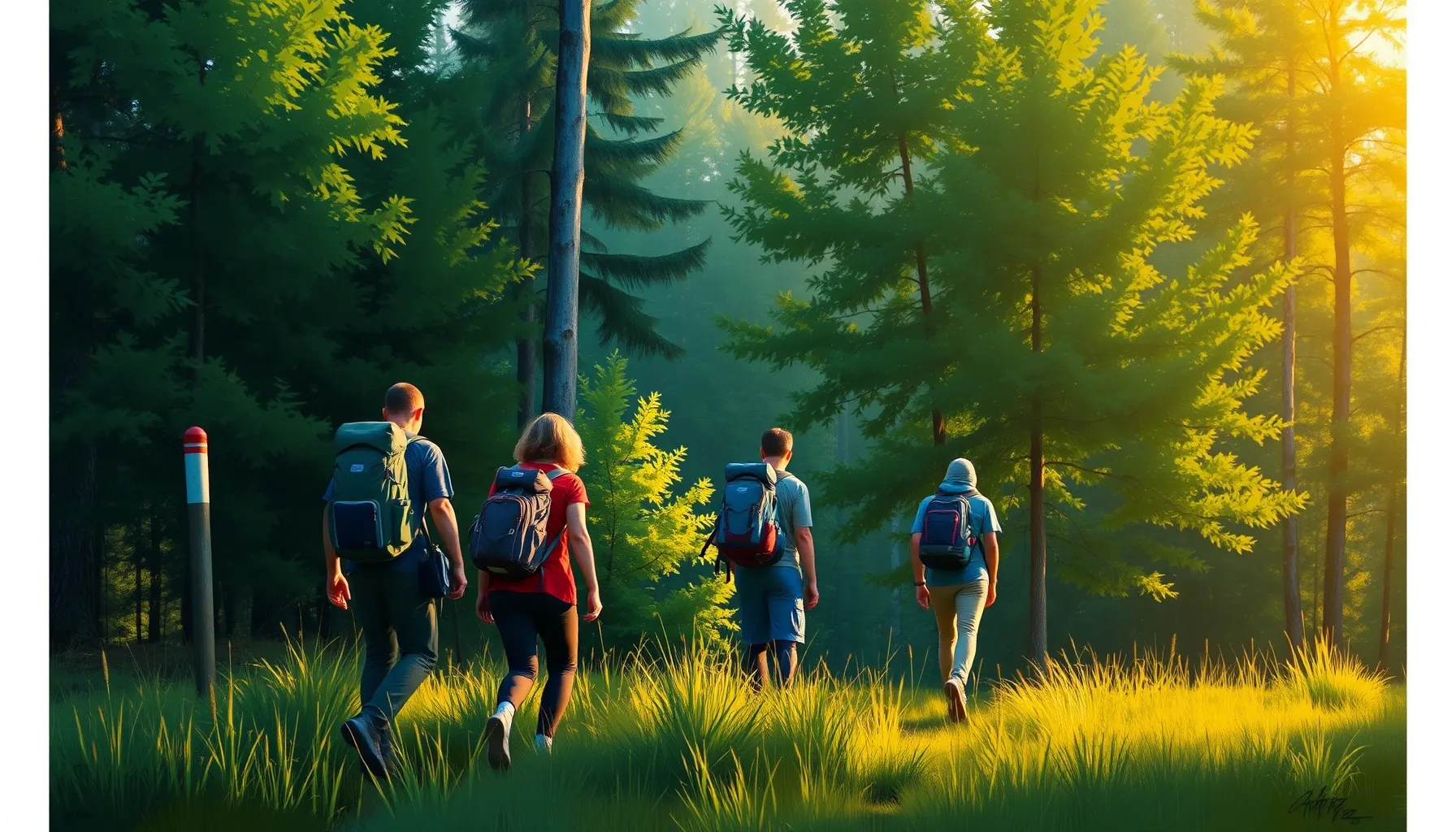 A group of travelers with backpacks walking through a lush g...