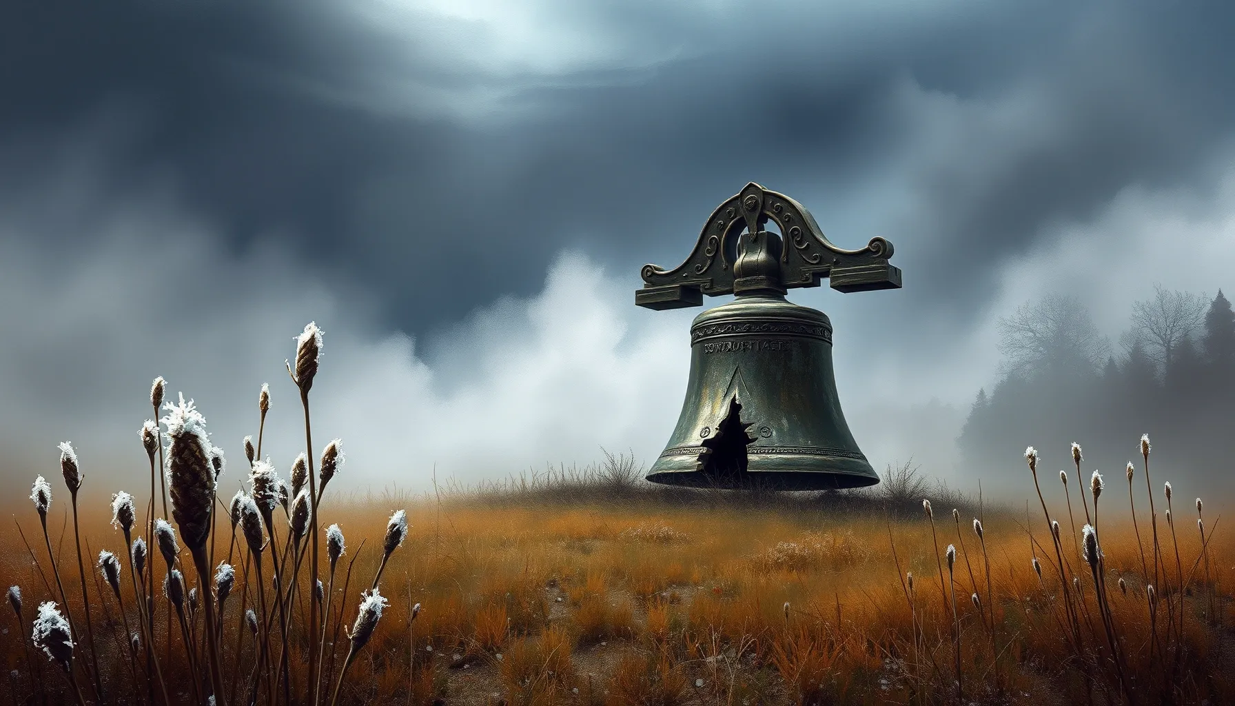 A cracked ancient bronze bell in a misty landscape, frost on...