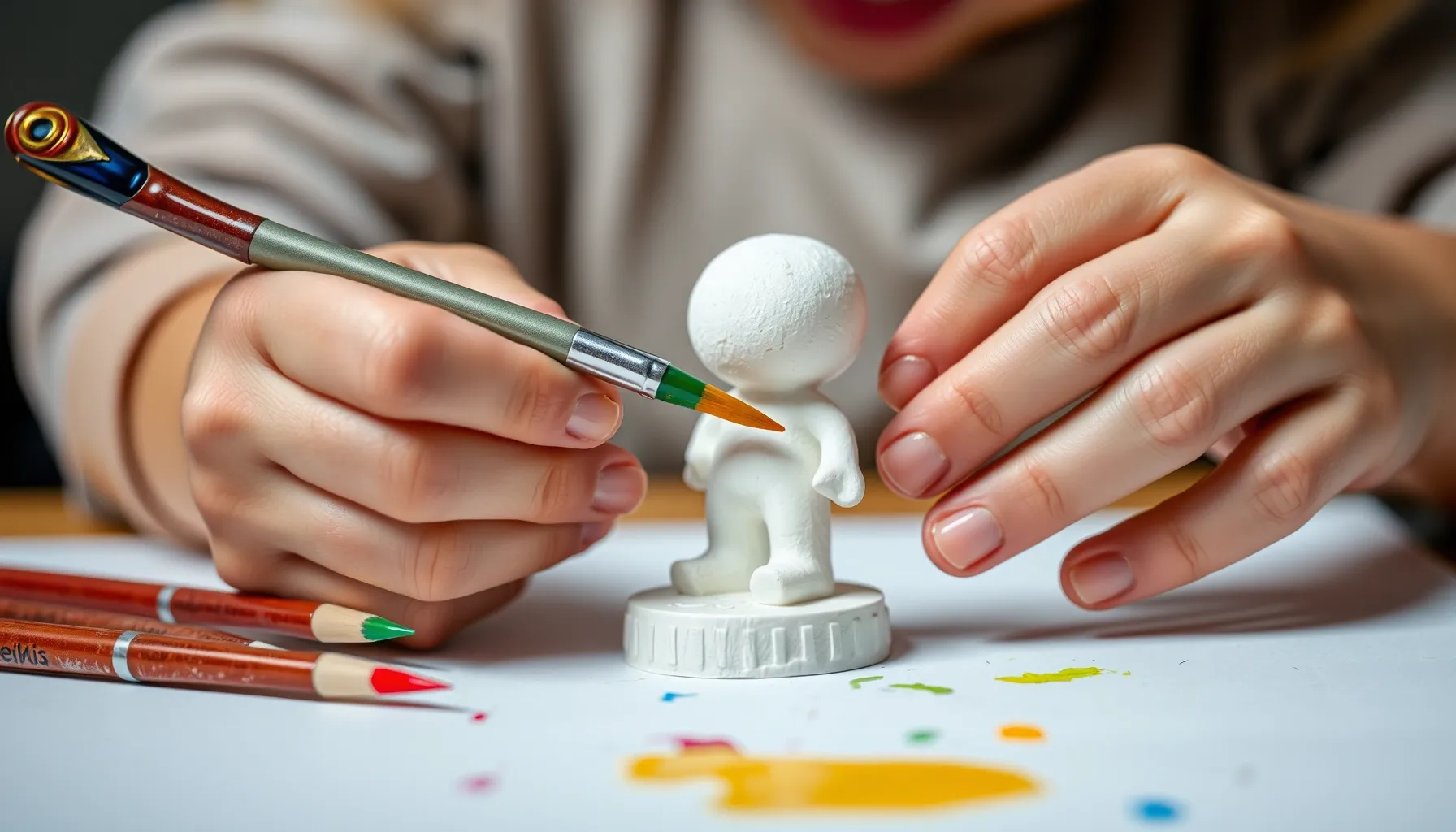 Close-up of children's hands painting a 3D gypsum figure wit...
