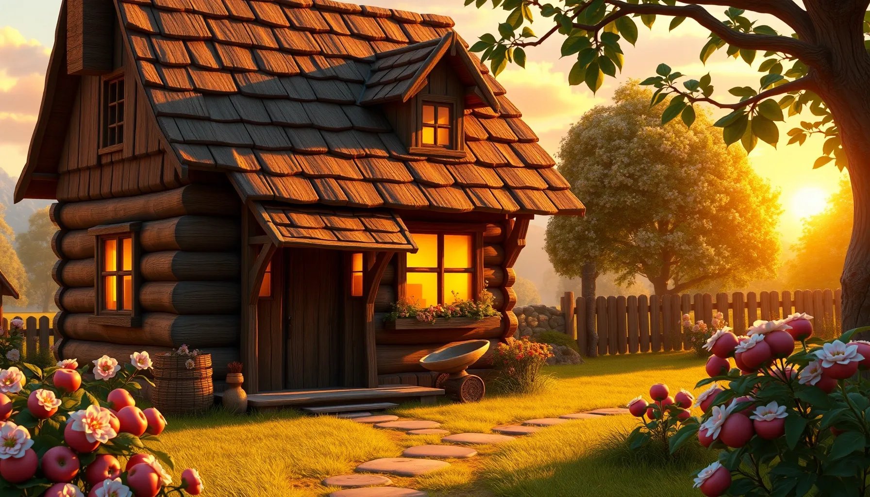 A cozy old wooden house with a blooming apple garden, warm s...