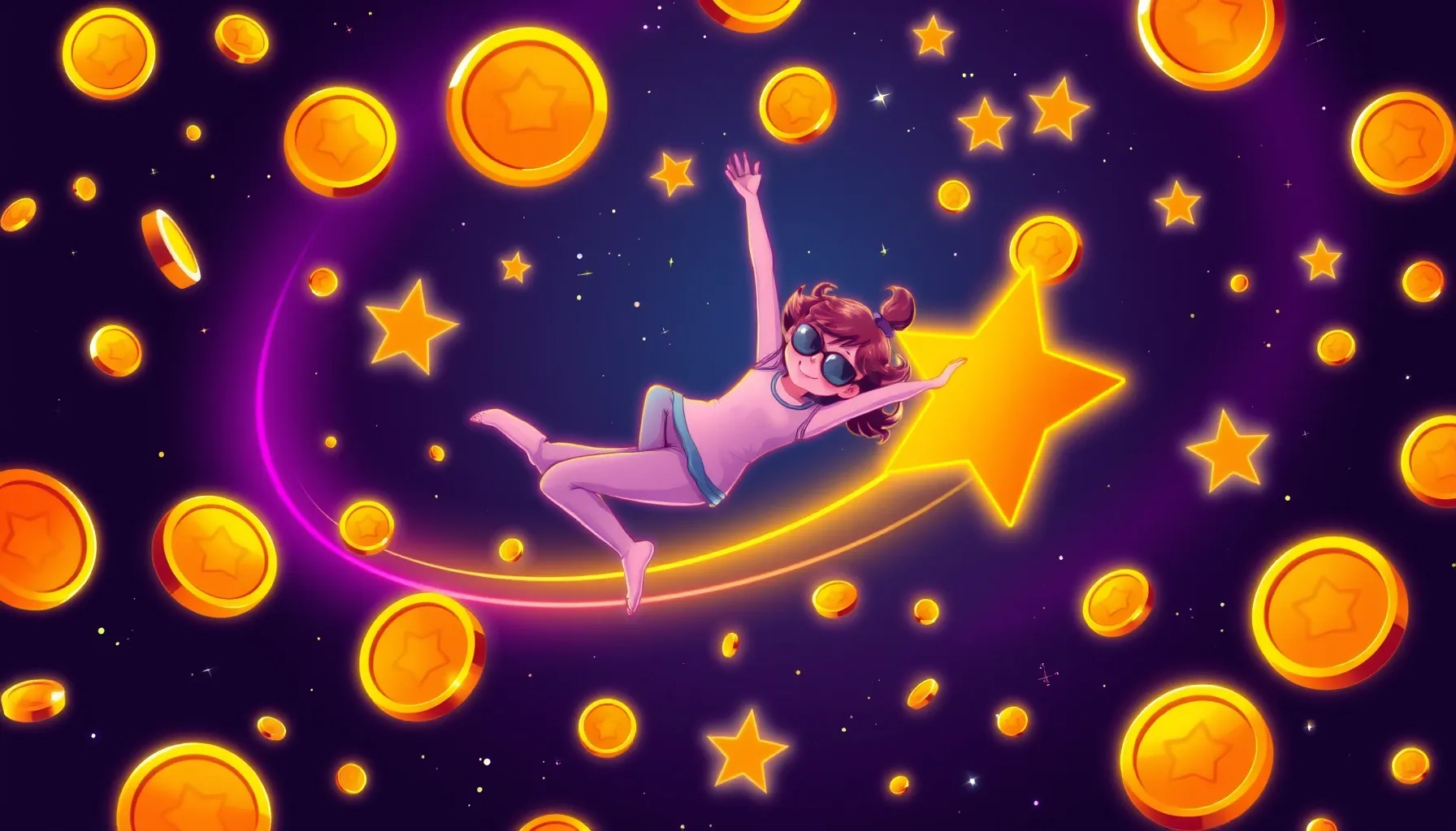 A girl in a yoga pose floating in space among golden coins a...