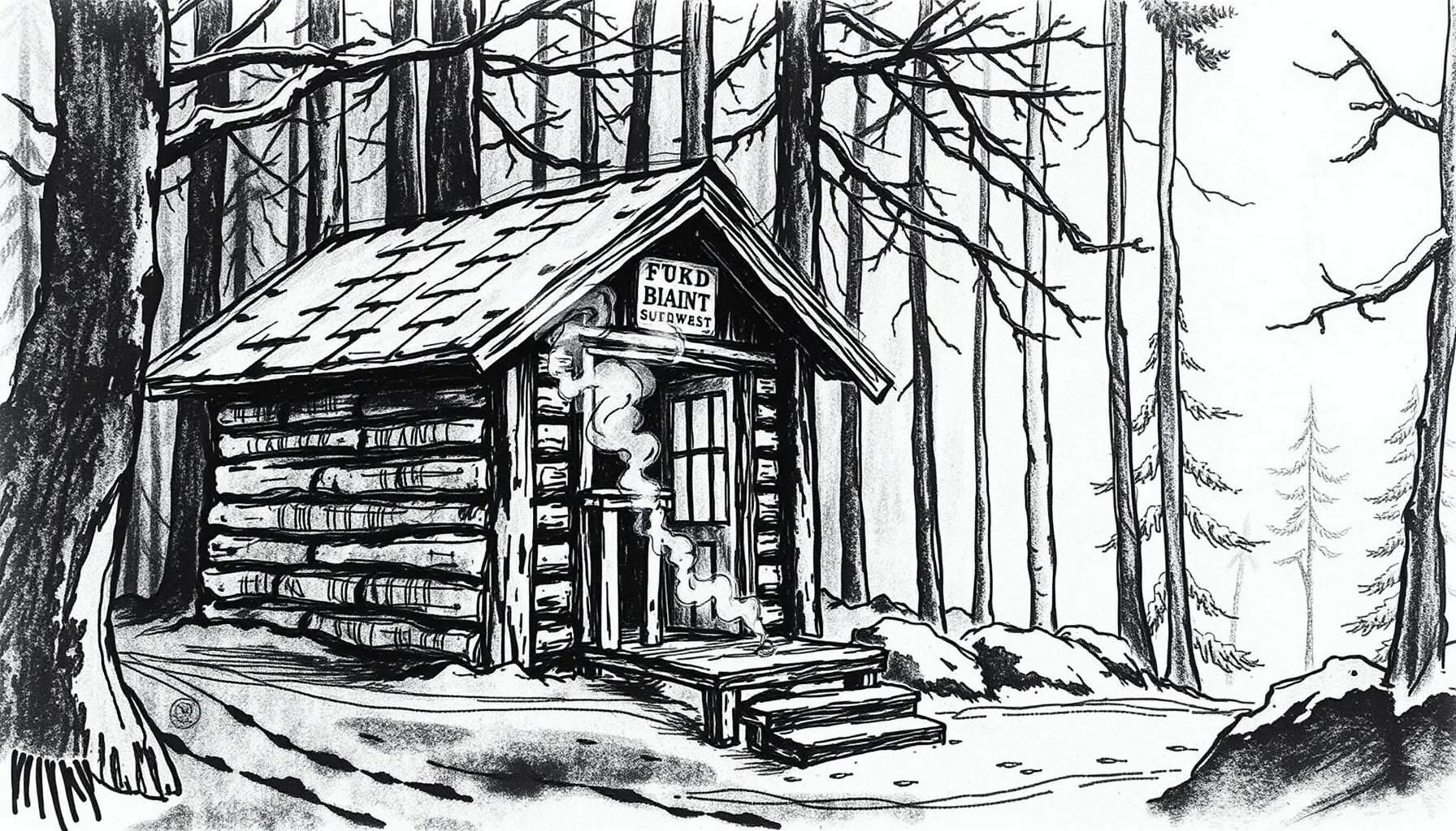 A dramatic black and white sketch of a wooden bathhouse in a...