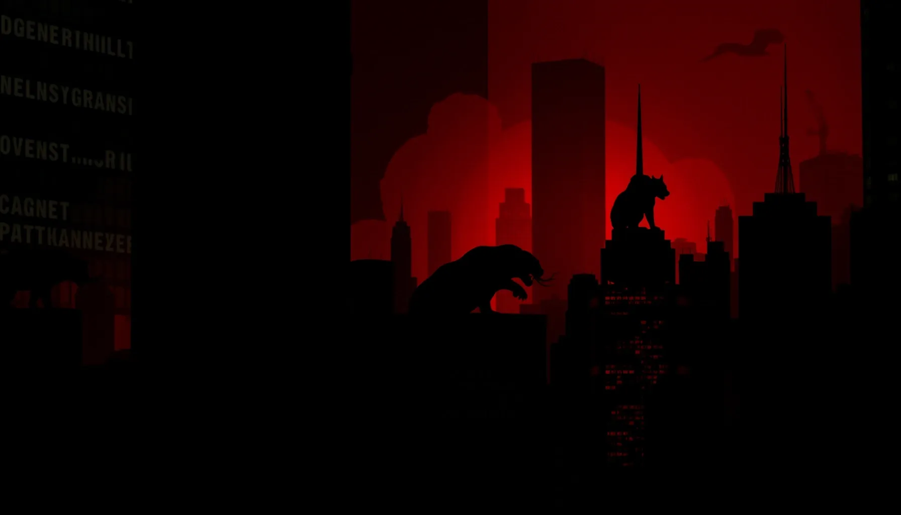 A dark, abstract representation of a concrete jungle. Silhou...