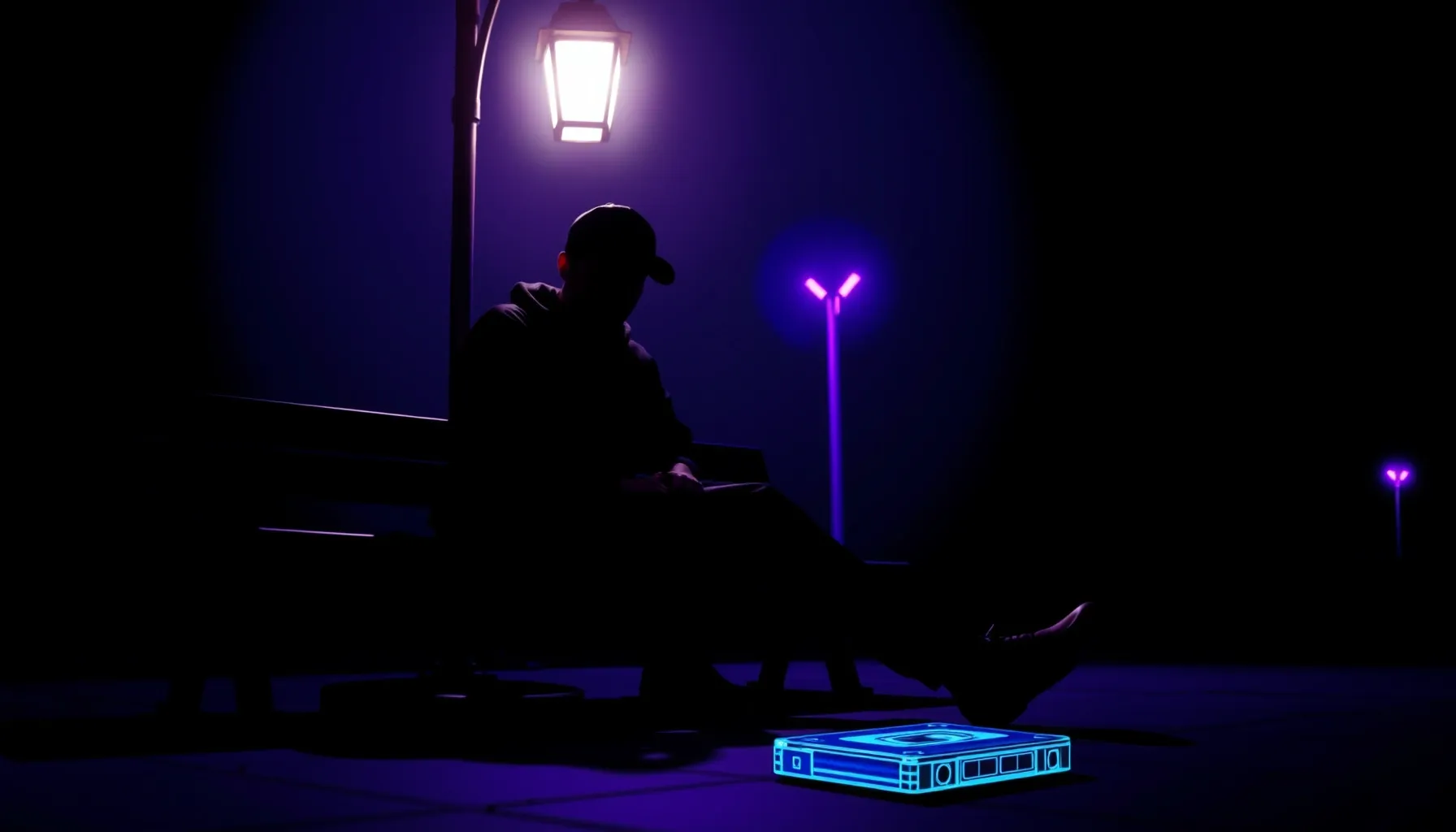 A stylized silhouette of a young man in a cap sitting on a b...