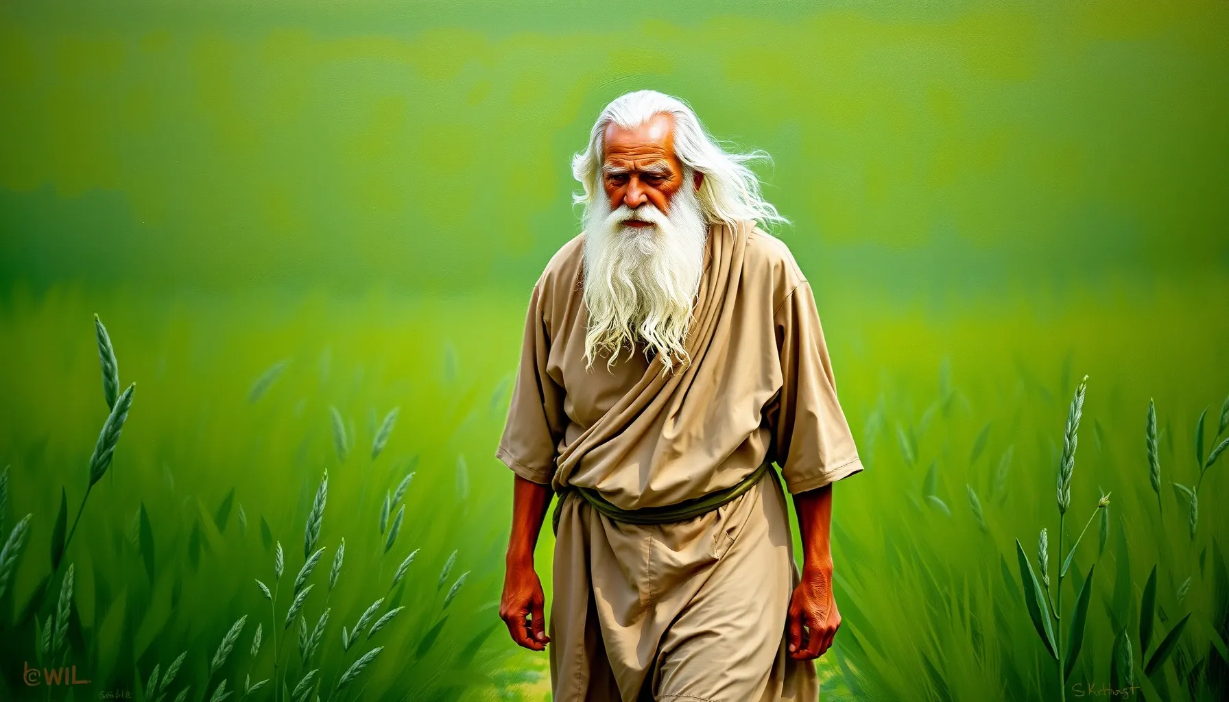 A wise old man with a long white beard wearing a simple tuni...