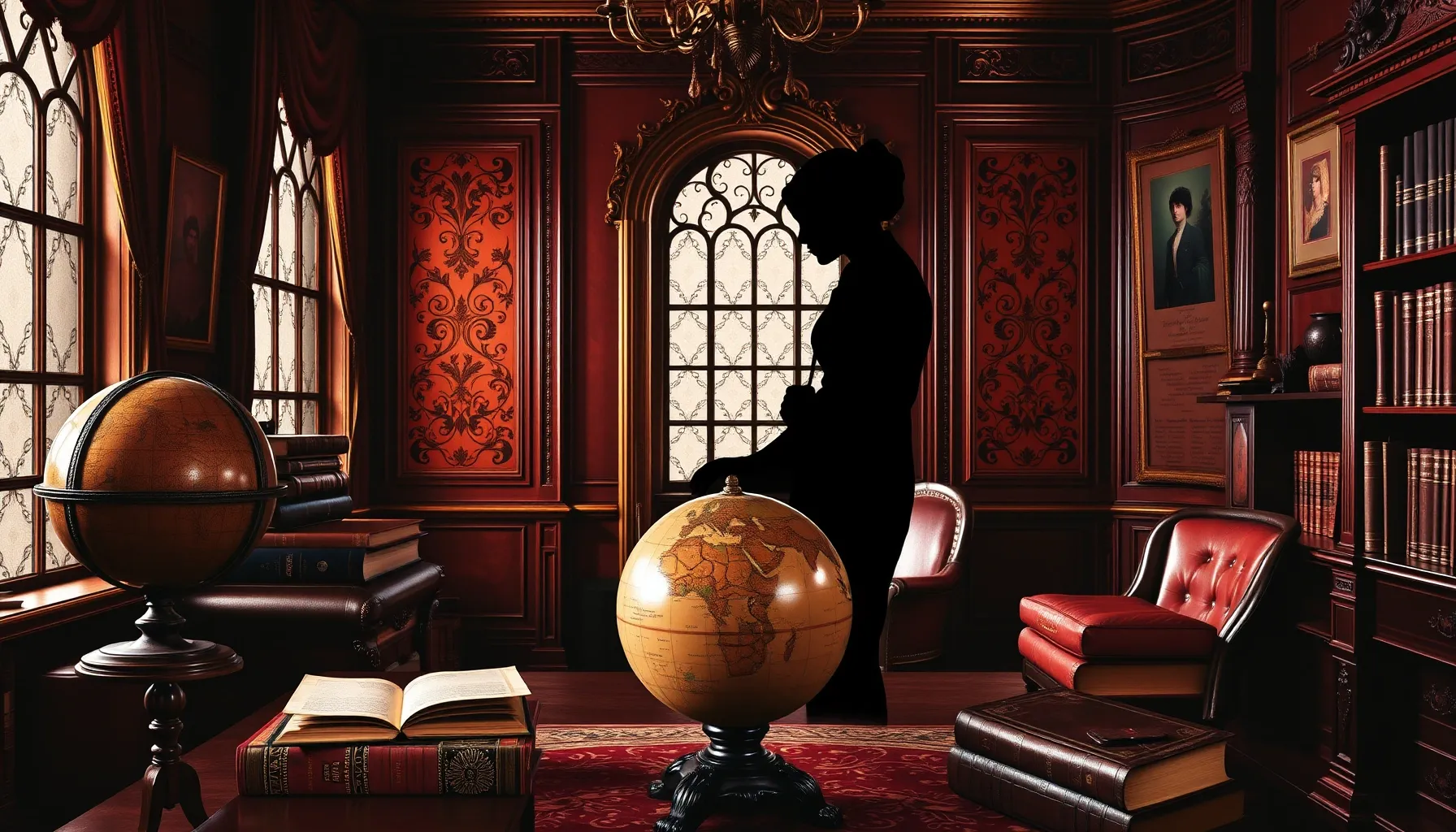 ornate victorian study with leather-bound books, a globe, an...