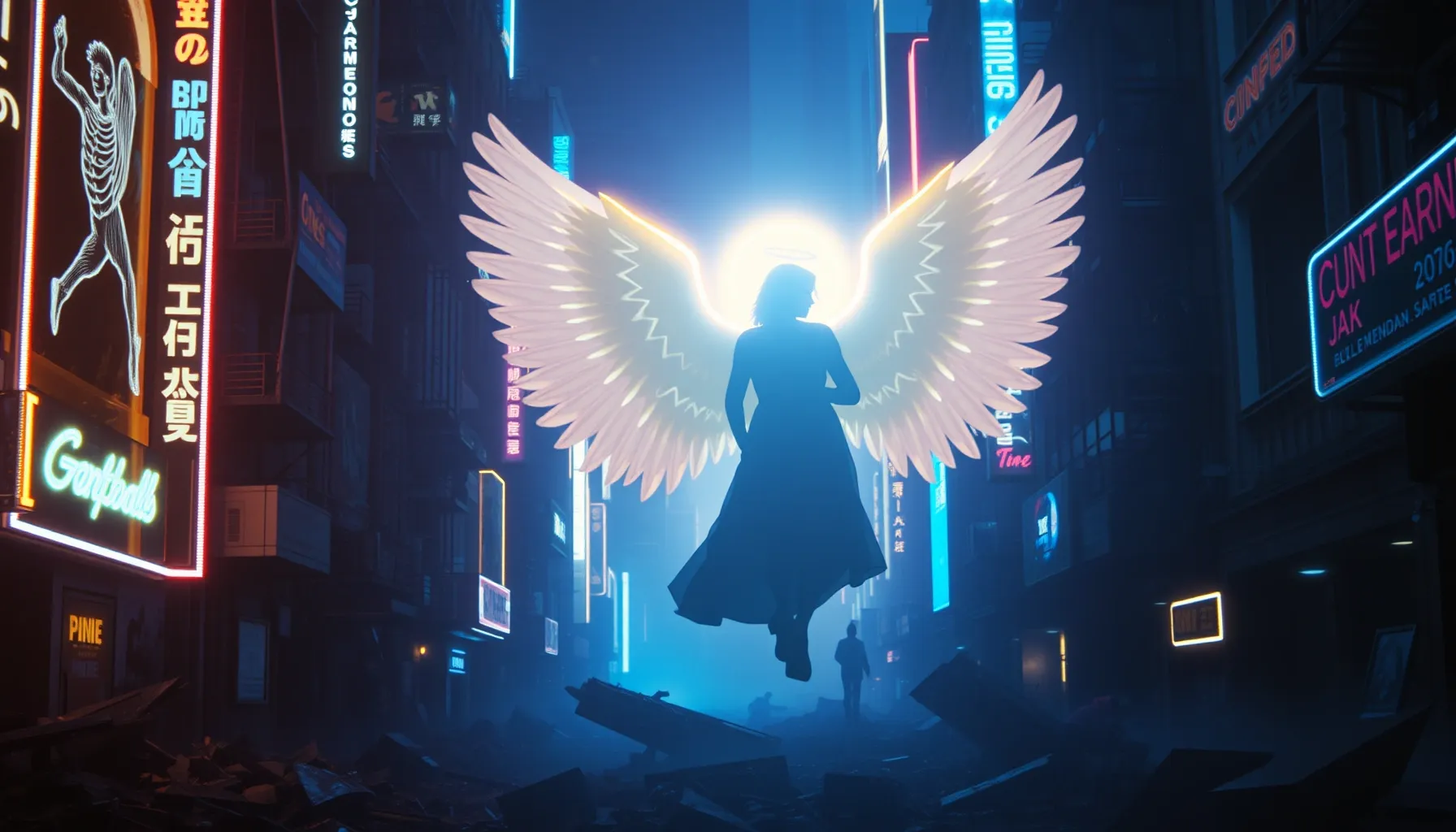 Ethereal guardian angel silhouette protecting a person in a ...