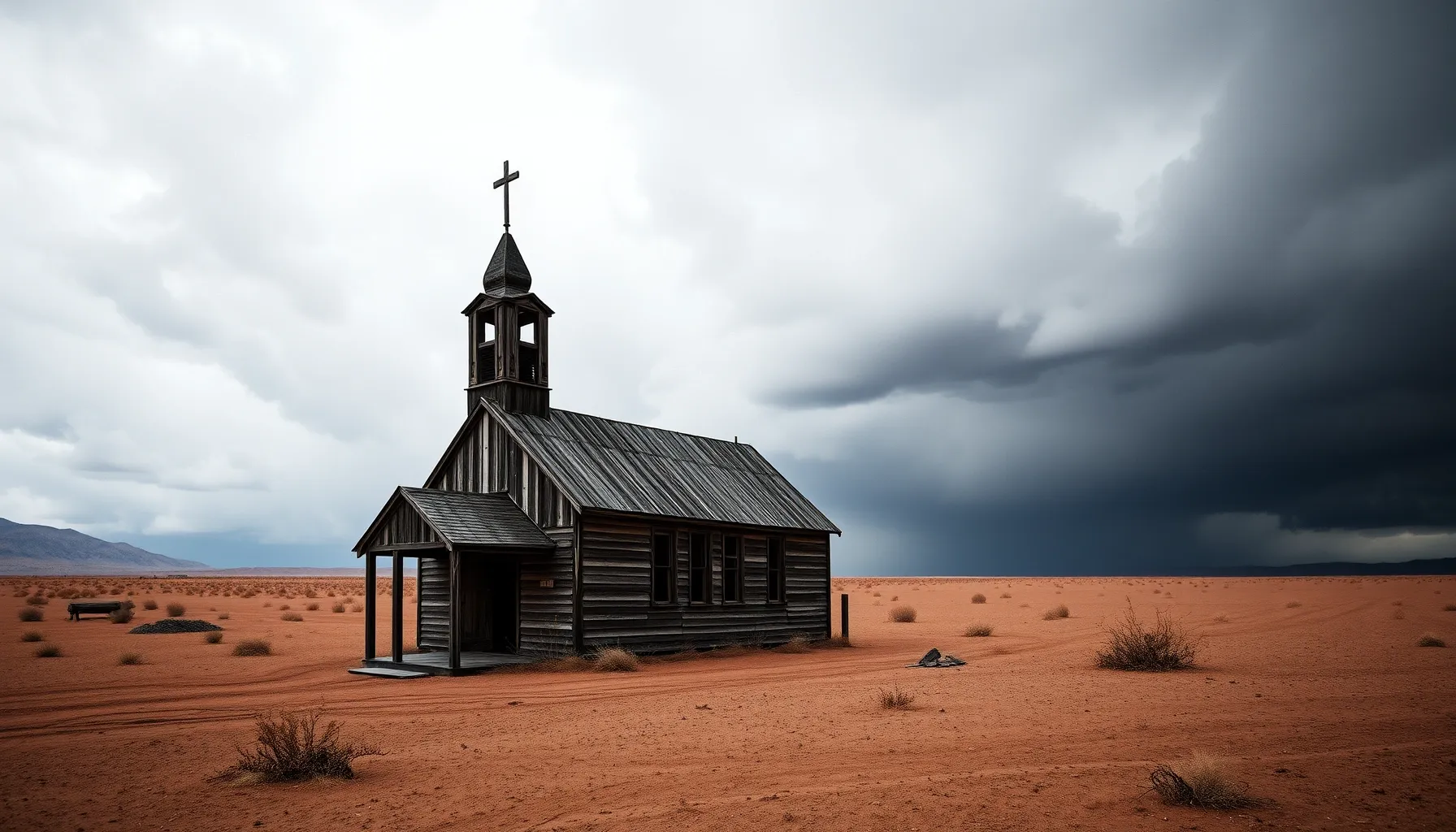 An abandoned, weathered wooden church in the middle of a des...