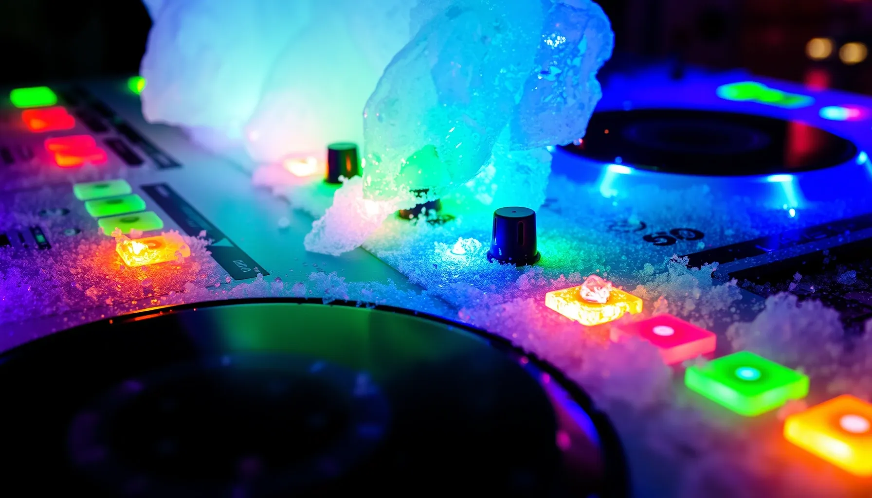 A modern DJ controller covered in light frost with colorful ...