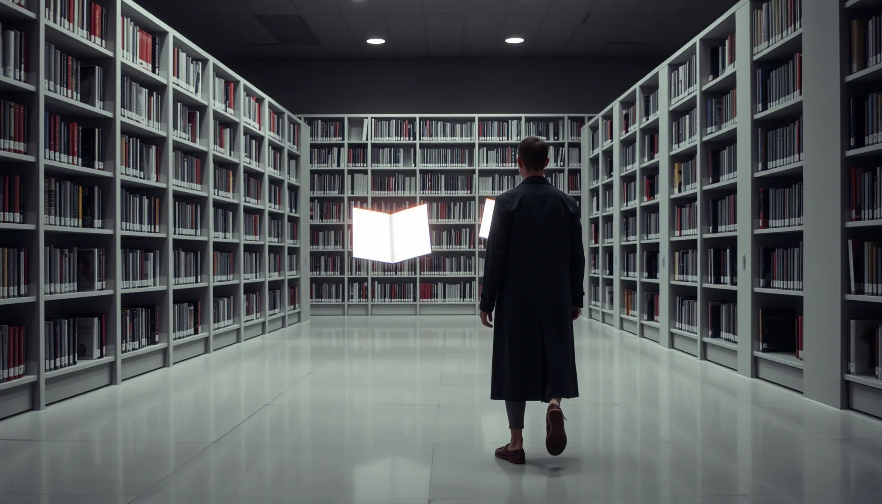 A person standing in a library where all the books are blank...