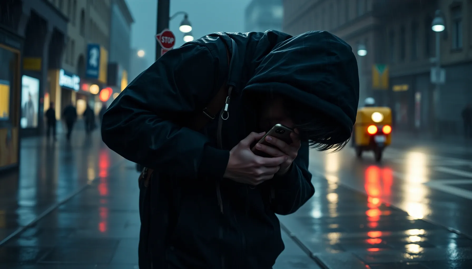 A dramatic scene of a modern Rasputin in a black hoodie coll...