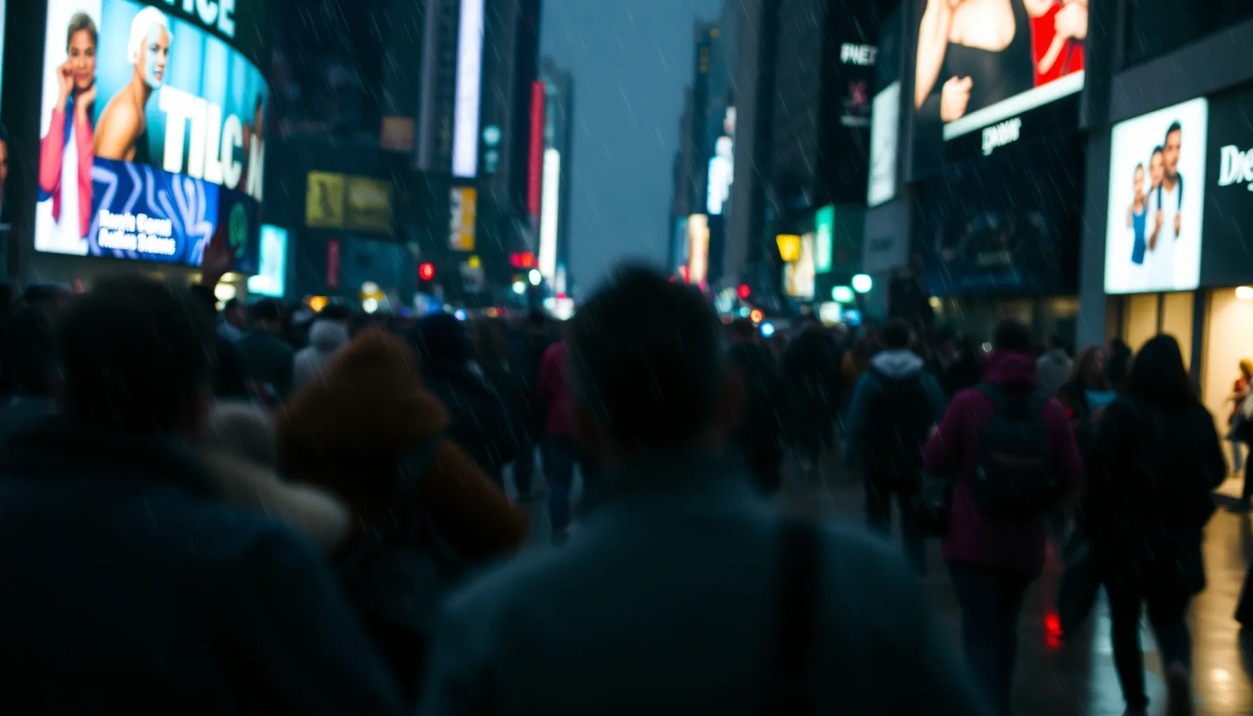 A blurry crowd of people in a rainy city, one sharp figure i...