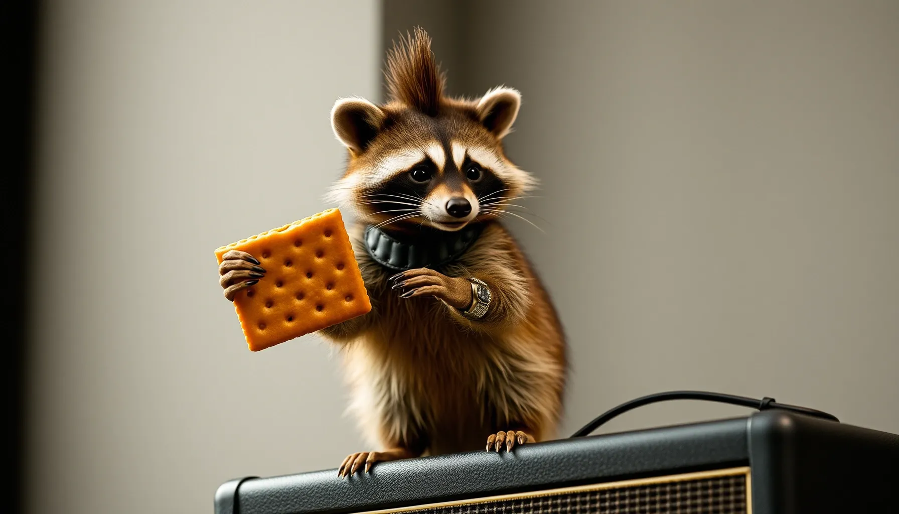 A raccoon with a small mohawk and a leather collar standing ...