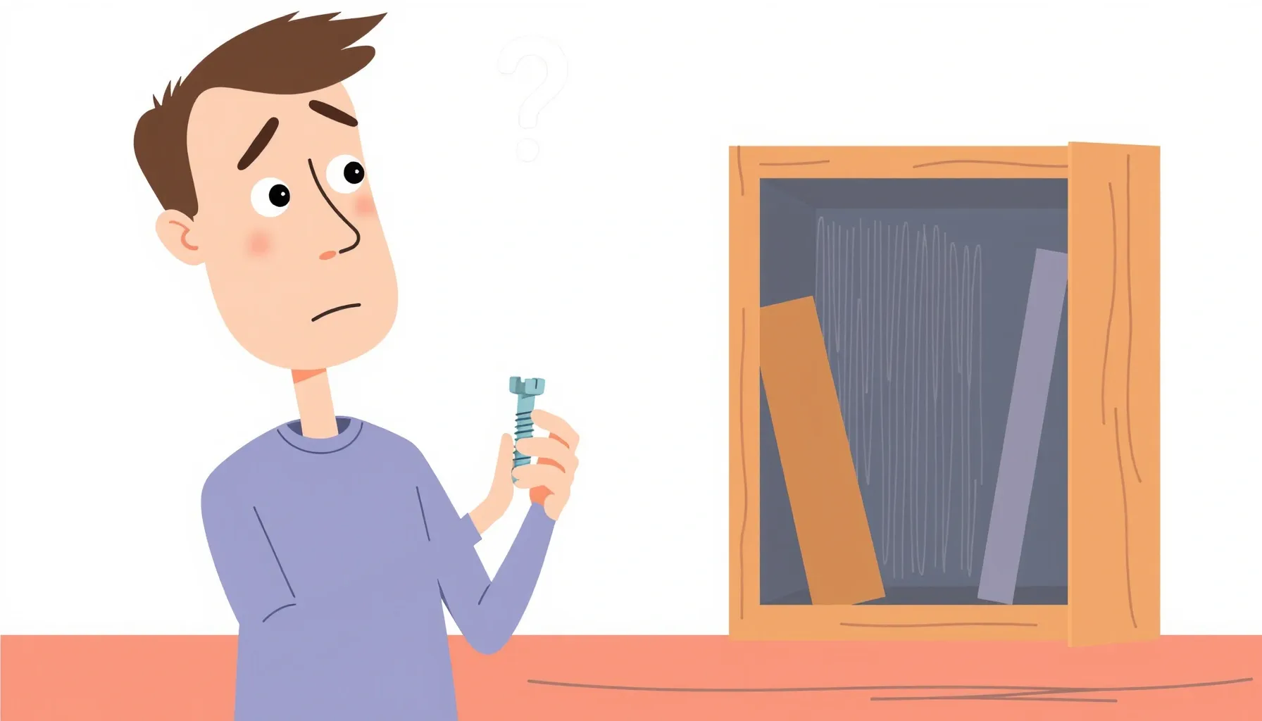 A confused person holding a single silver screw while lookin...