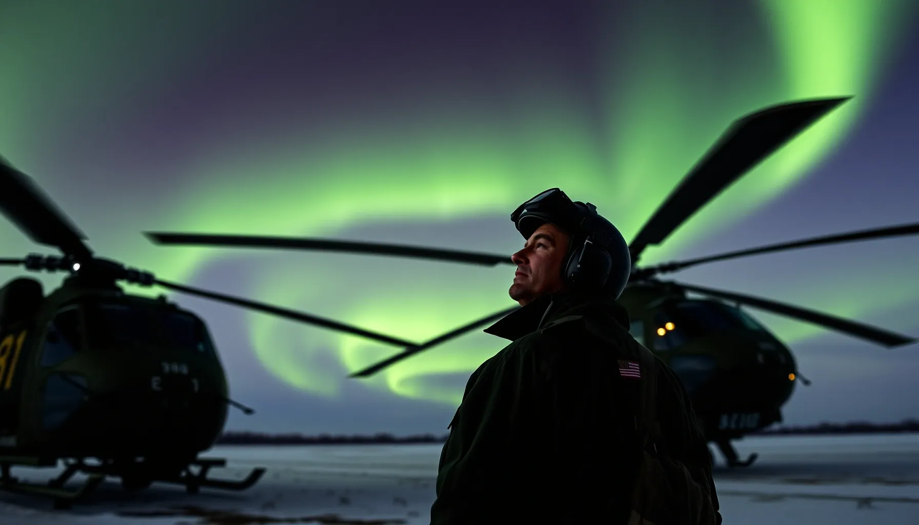 A weary pilot in a flight suit looking at a giant Mi-8 helic...