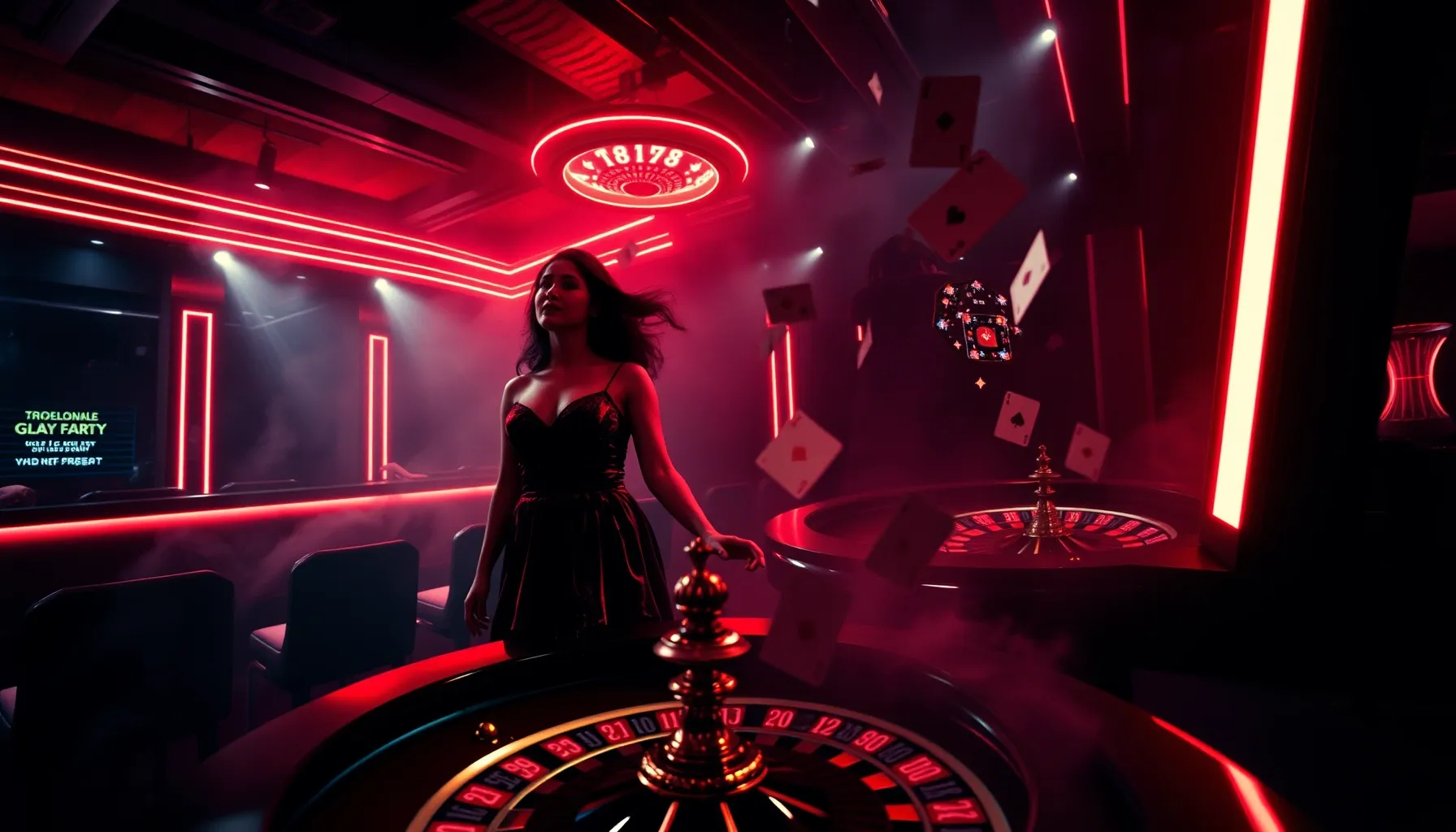 A dark, smoky underground casino, neon red and white lights,...