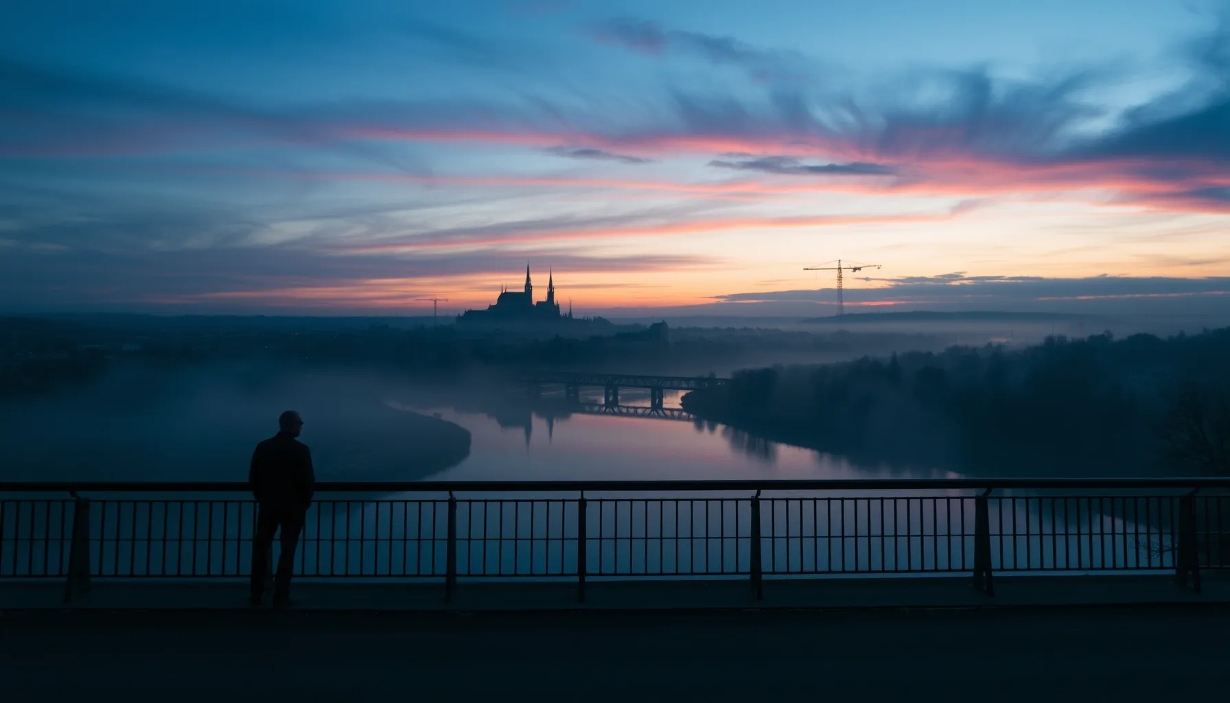 A dramatic cinematic wide shot of the Saarbrücken city skyli...