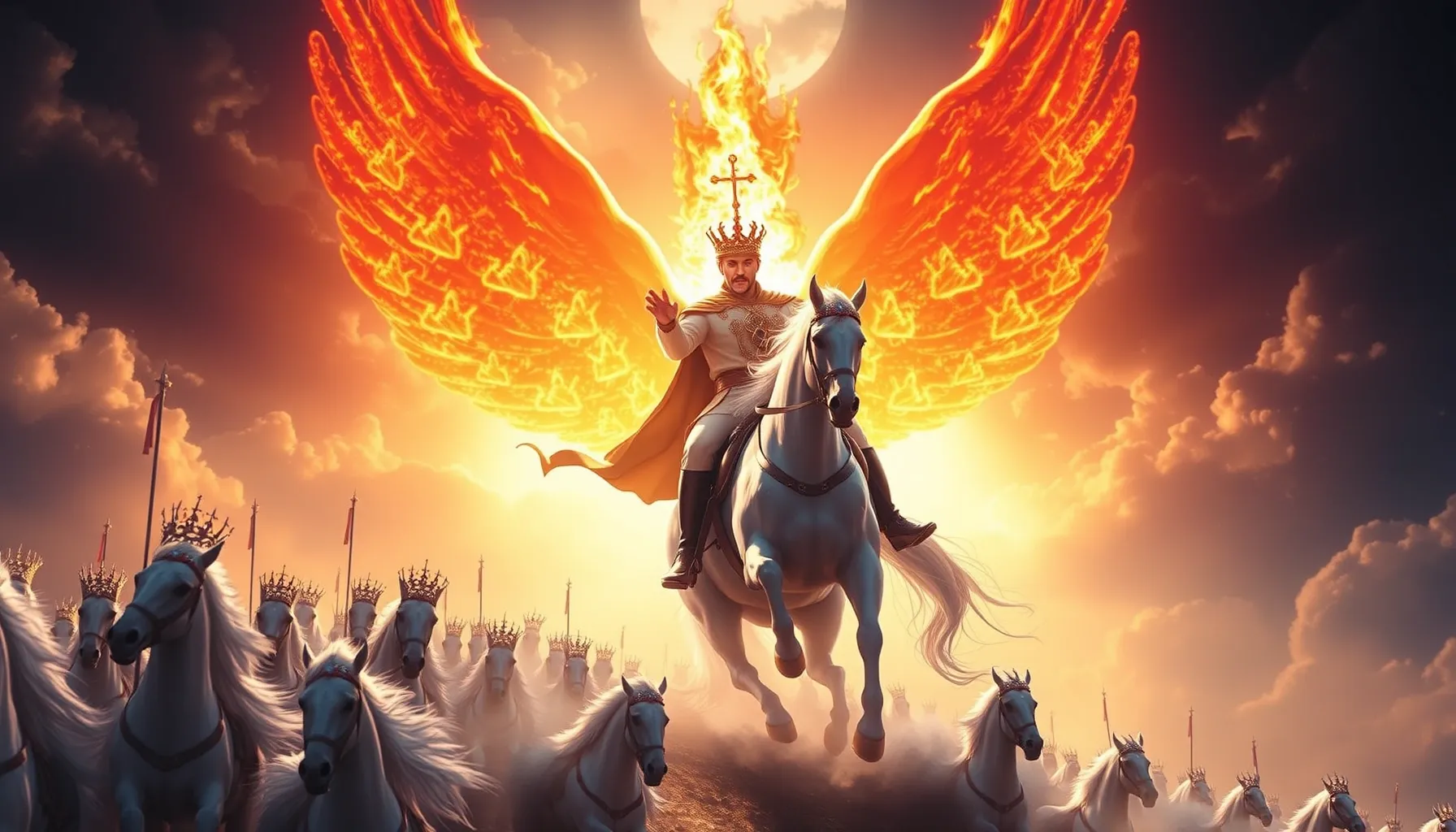 A majestic rider on a white horse descending from an open he...