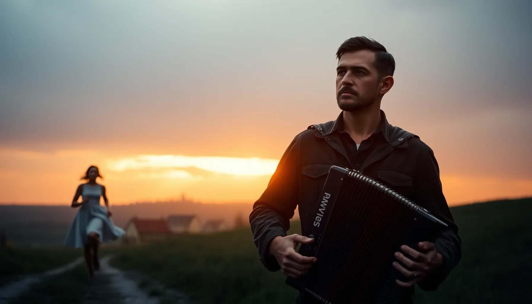 A dramatic scene at dawn. A man with a soulful face stands i...