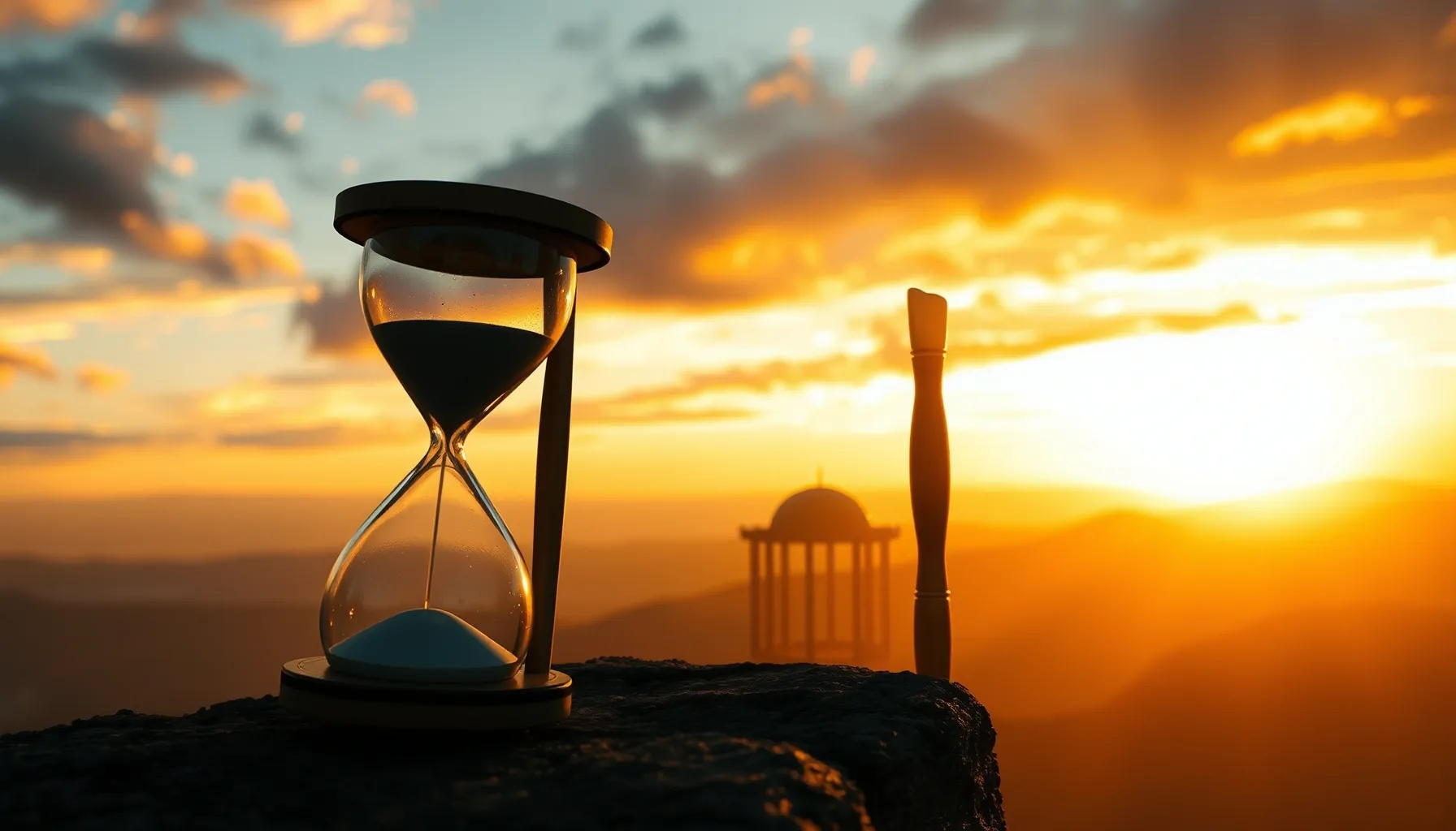 A dramatic hourglass standing on the edge of a cliff during ...